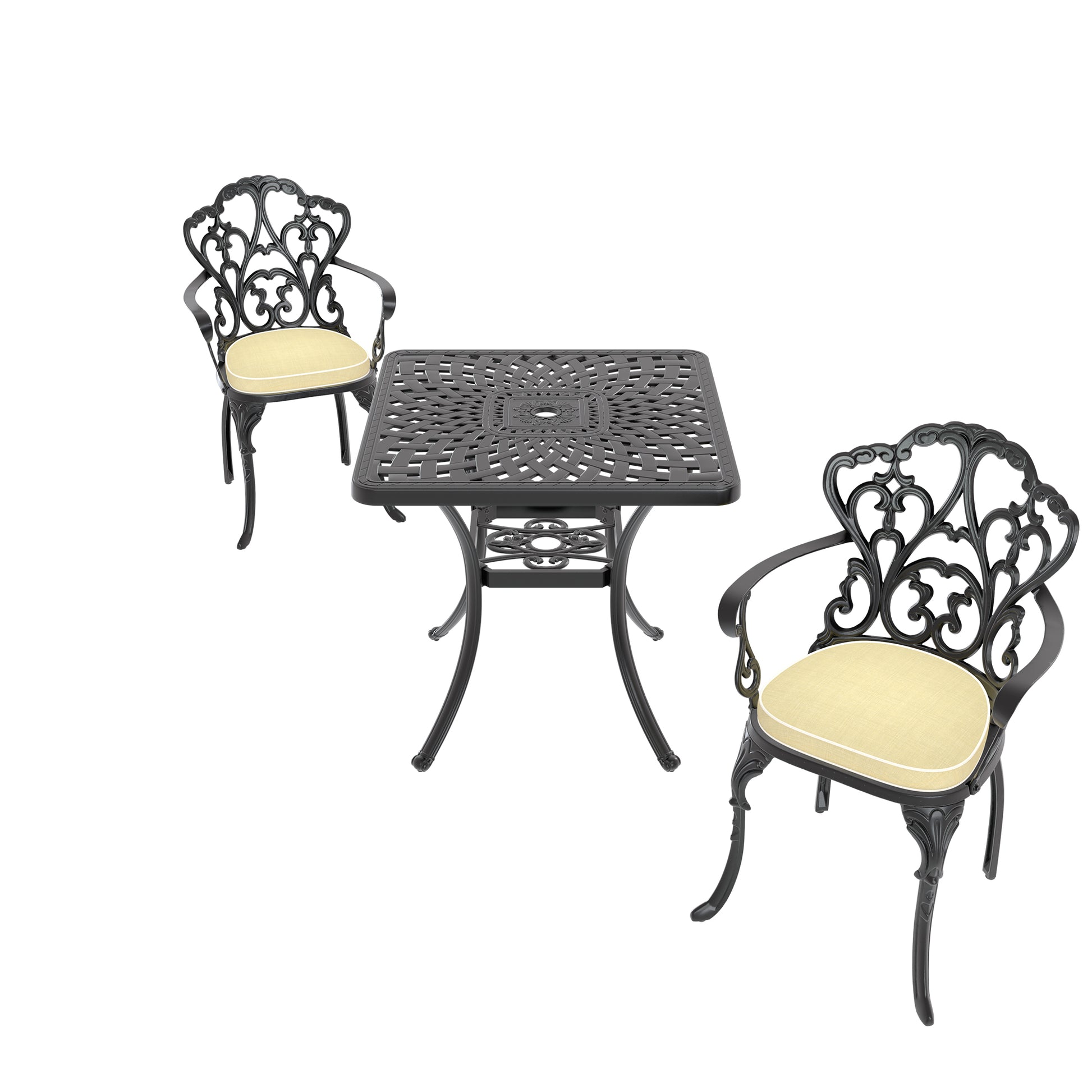 Cushions In Random Colors 3 Piece Set Of Cast Aluminum Patio Furniture With Cushions Yes Dining Set Black Seats 2 Rust Resistant Frame Water Resistant Cushion Garden & Outdoor Complete Patio Sets Aluminium