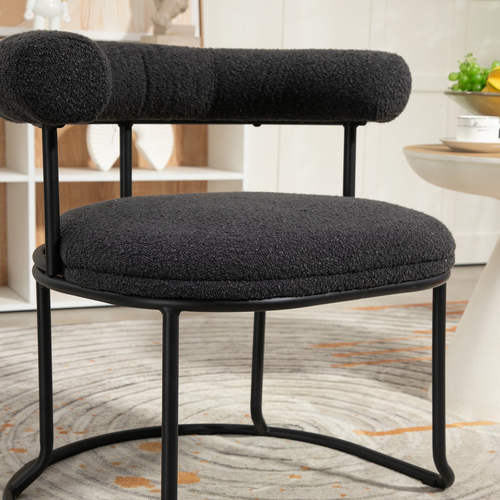 Coolmore Boucle Dining Chairs Set Of 2, Mid Century Modern Curved Backrest Chair, Round Upholstered Kitchen Chairs Carbon Black Boucle Carbon Black Foam Mdf Metal