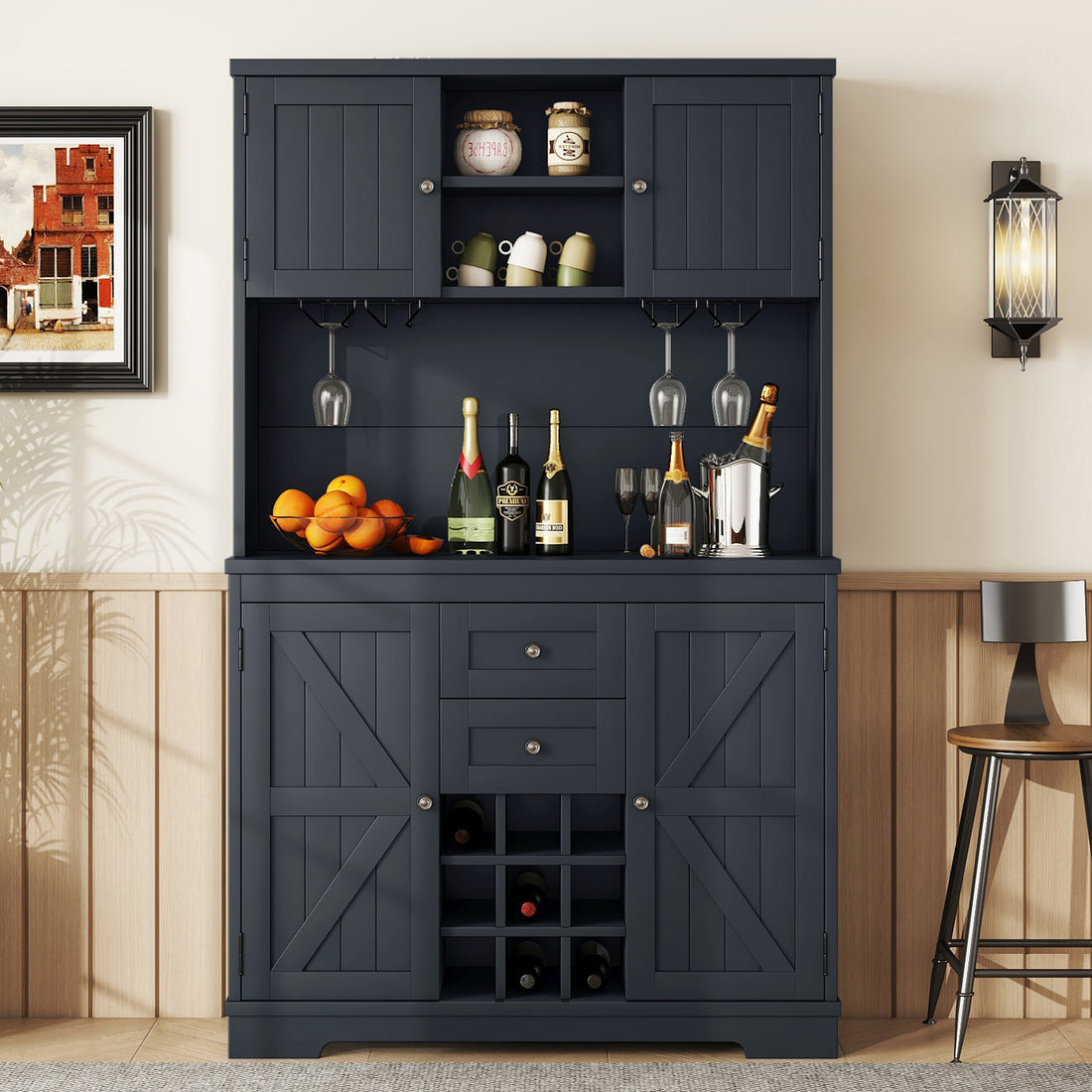 Coffee Bar Cabinet Kitchen Cabinet With Storage, Farmhouse Wine Cabinet With Drawers Shelves And Cabinets, Buffet Cabinet Wine & Glass Racks For Dining Room, Kitchen, Dark Blue Antique Blue Particle