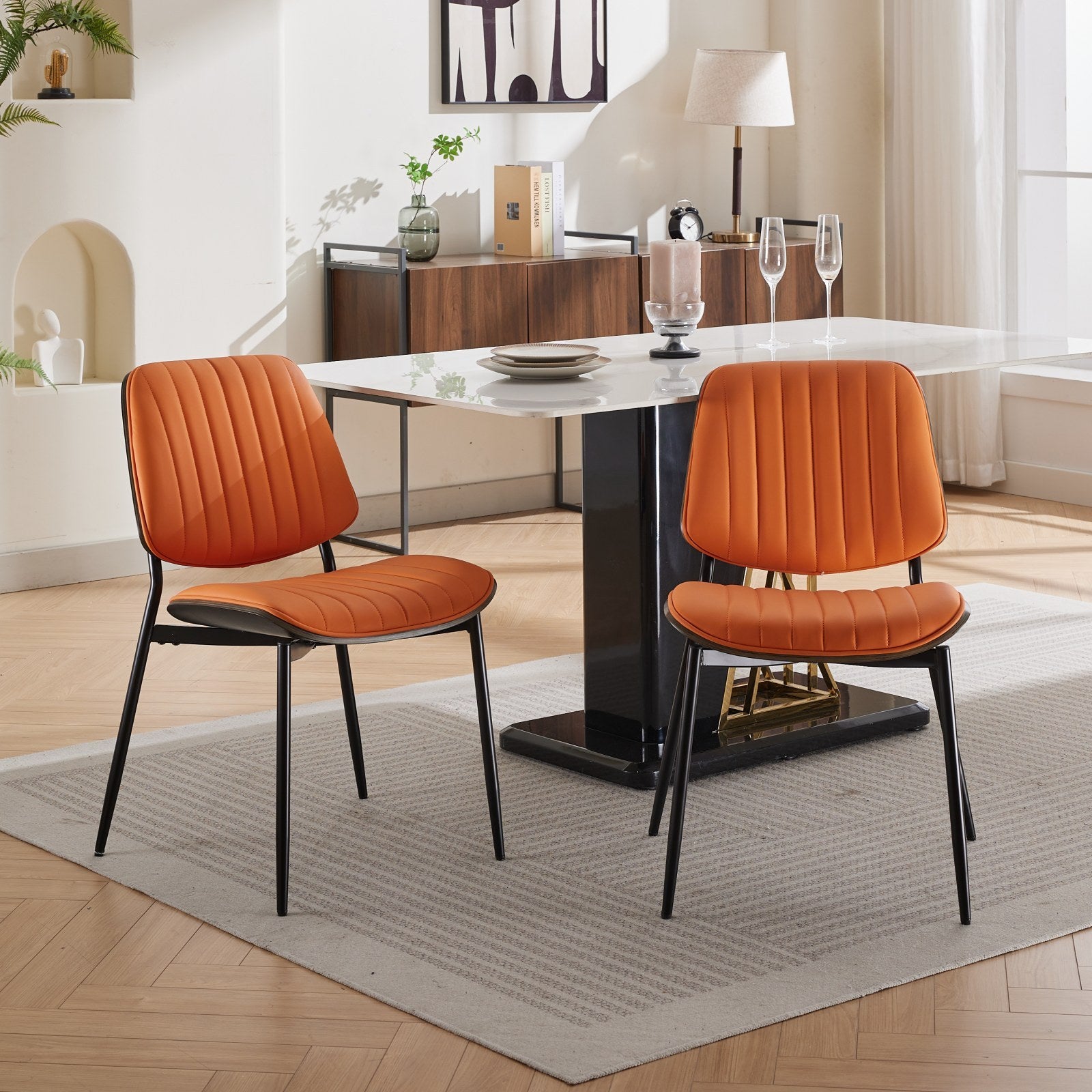 Dining Chairs Set Of 2 Mid Century Modern Retro Faux Leather Chair With Walnut Bentwood Back Upholstered Seat Metal Legs Adjustable Foot For Kitchen Dining Room Chairs Orange Pu Orange Dining Room Classic Set Of 2 Foam Pu Leather