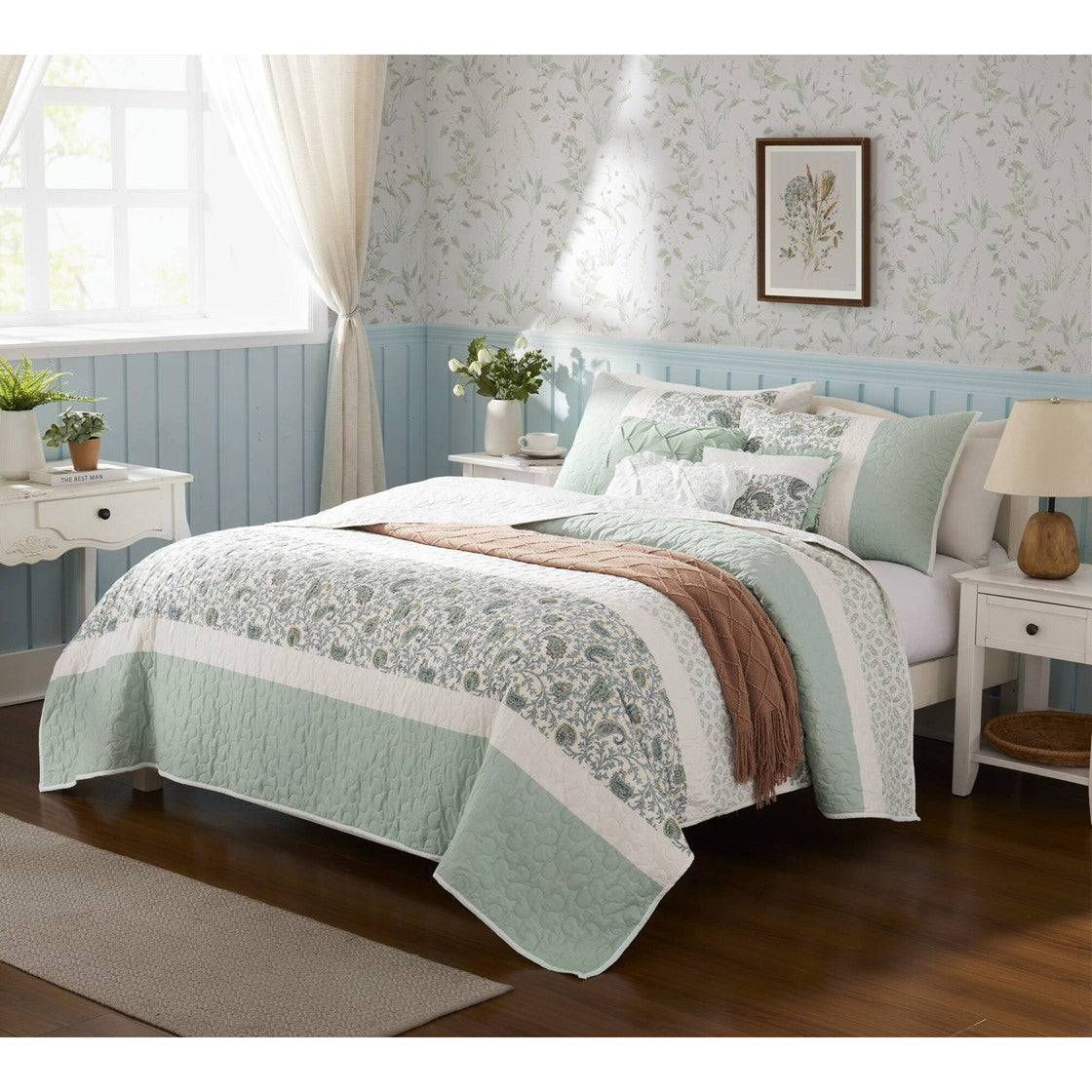 6 Piece Cotton Percale Quilt Set With Throw Pillows Aqua King Cal King King Aqua Polyester