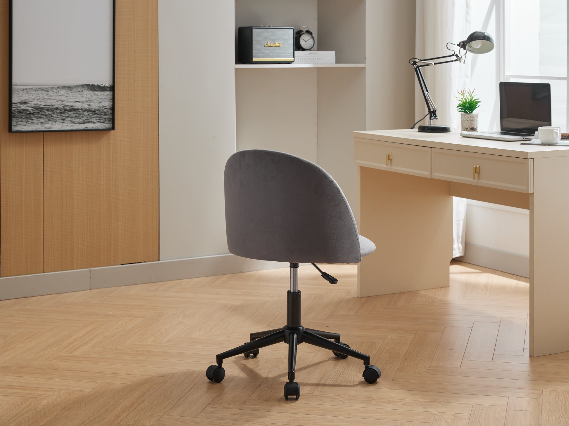 Velvet Fabric Office Chair Desk Chair, Mid Back Adjustable Swivel Computer Chair With Black Legsmodern Upholstered Desk Chair With Wheels Grey Black Foam Polyester Blend