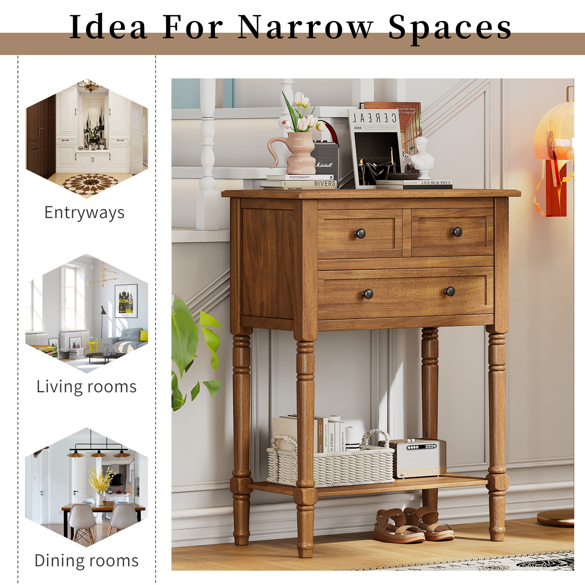 Narrow Console Table, Slim Sofa Table With Three Storage Drawers And Bottom Shelf Natural Natural Solid Wood Mdf