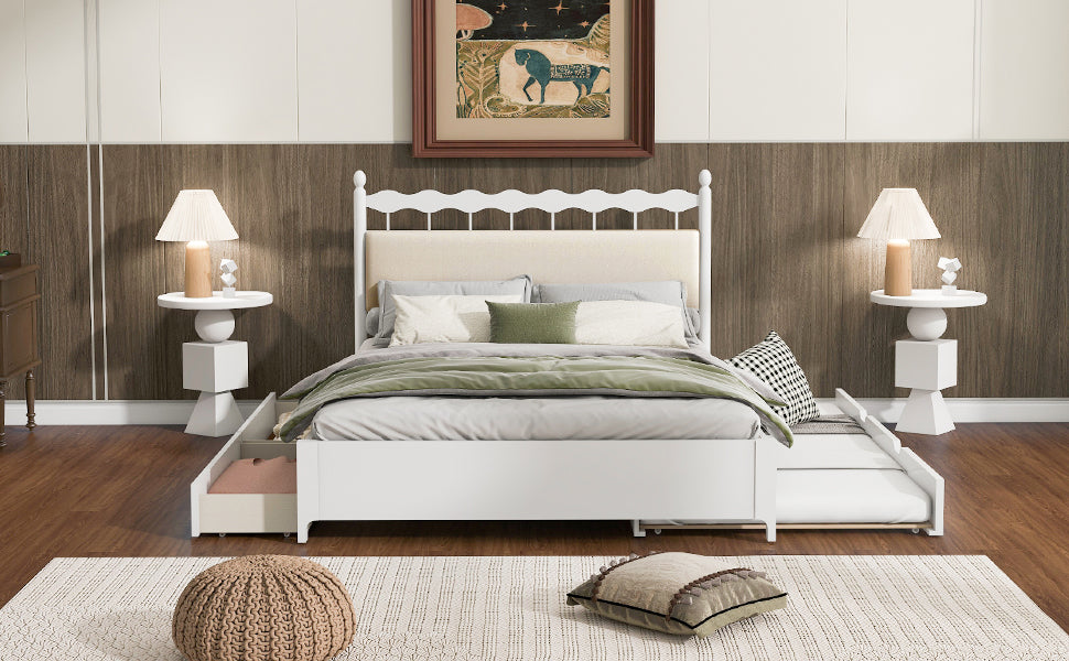 Queen Size Wooden Storage Platform Bed, With 2 Big Drawers, T Size Trundle, White Queen White Plywood