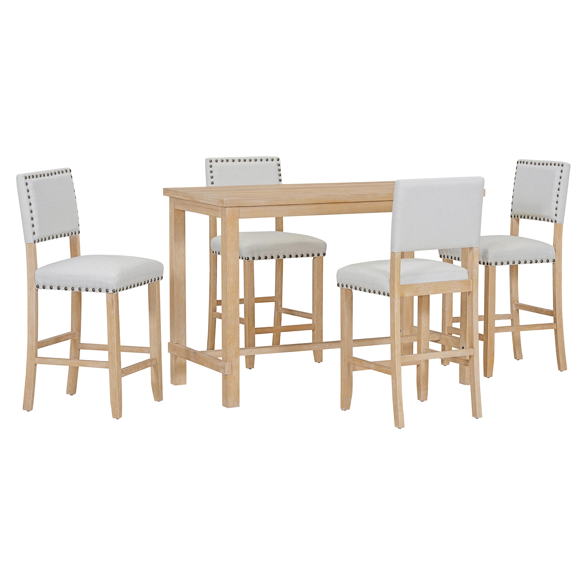 5 Piece Counter Height Dining Set, Classic Elegant Table And 4 Chairs In Natural Wood Wash Natural Wood Wash Solid Wood