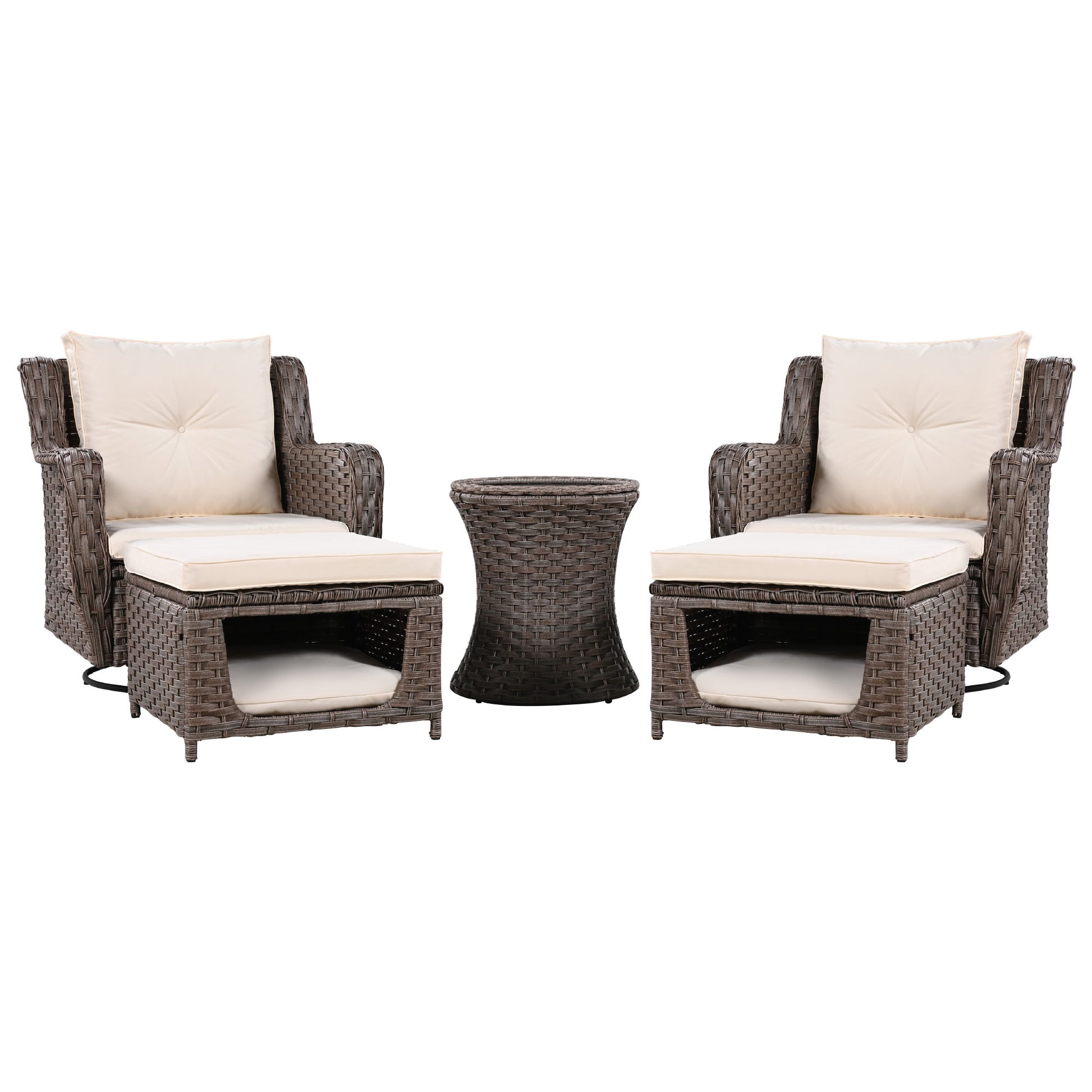 K&K 5 Pieces Outdoor Patio Furniture Set With Pet House Cool Bar And Retractable Side Tray, Rattan Wicker Patio Swivel Rocking Chairs Set Of 2 With Ottomans For Backyard, Porch, Balcony, Beige Yes Rocker & Glider Brown Beige Seats 2 Weather Resistant