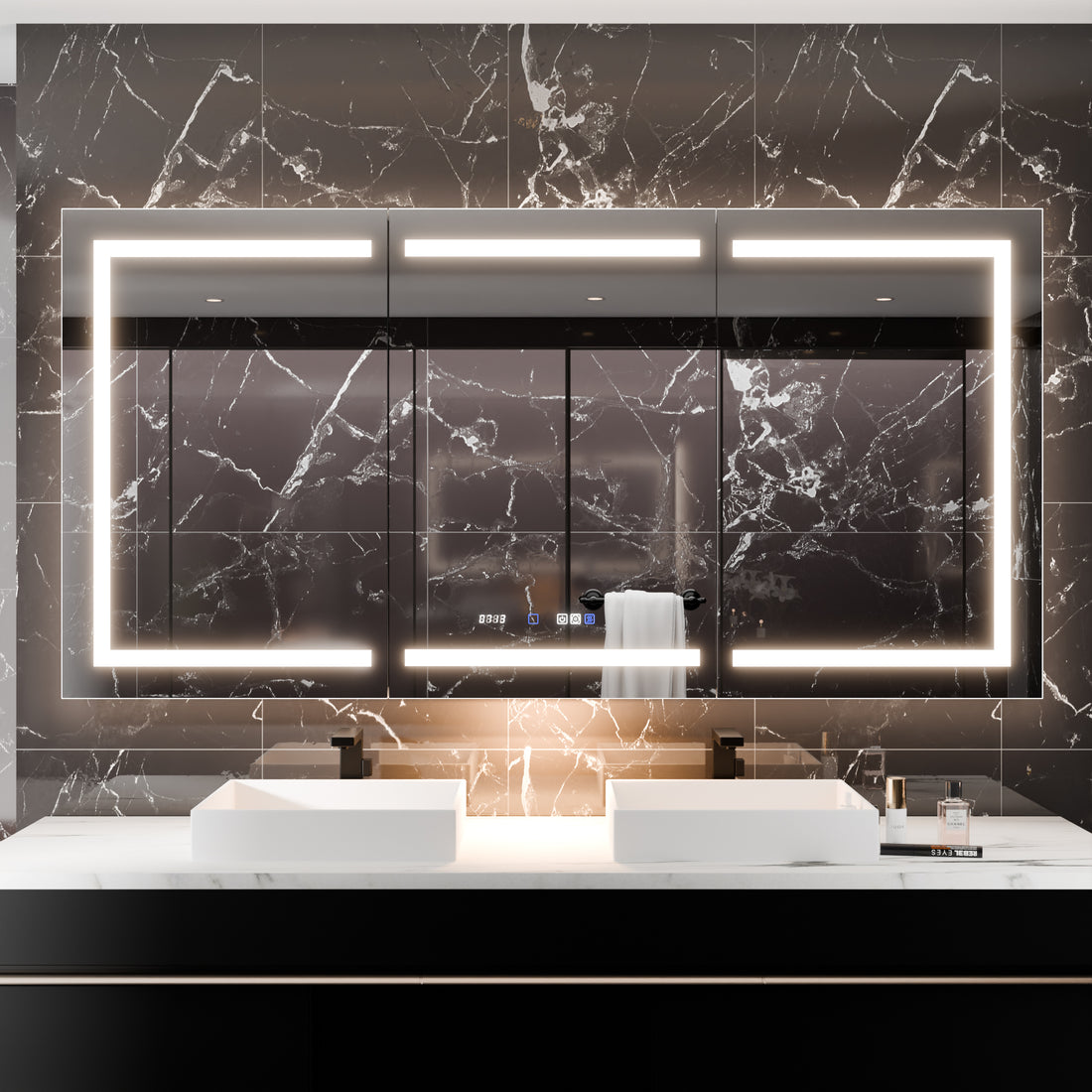 Smart Led Medicine Cabinet With Gfci Outlet & Blum Hinges, Buil Built In High Power Outlet ,72*36 Inchstepless Dimming & Anti Fog,Integrated Design,Multifunctional Bathroom Storage Silver Aluminium