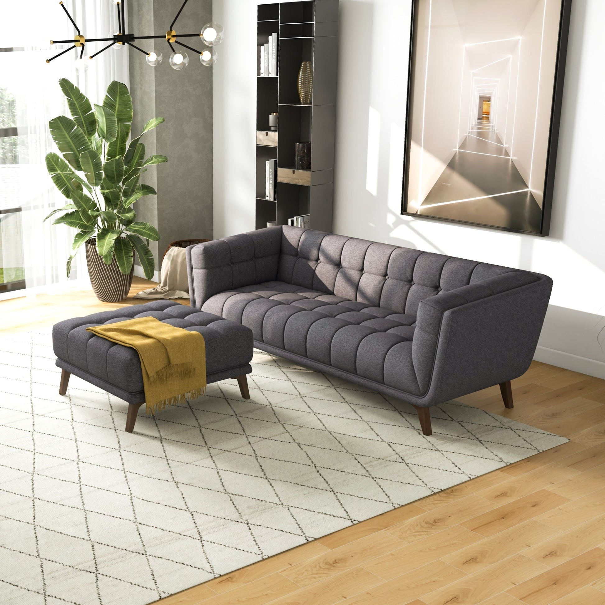 Addison Square Upholstered Ottoman Dark Gray Linen Wood Backless Solid Grey Mid Century Modern Square Armless Tufted Linen,Solid Wood