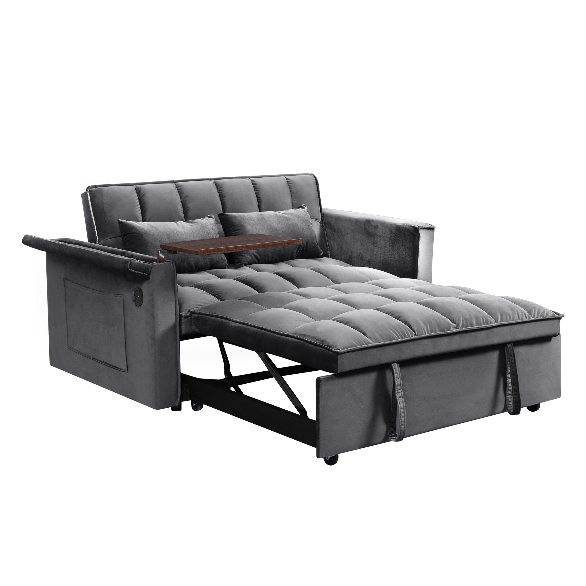 55.5 "3 In 1 Foldable Sofa Bed, Modern Velvet Double Sofa, Sofa Bed With Adjustable Back, Storage Bag And Pillow, Hidden Living Room Laptop Desk With Usb Port, Suitable For Living Room, Bedr Dark