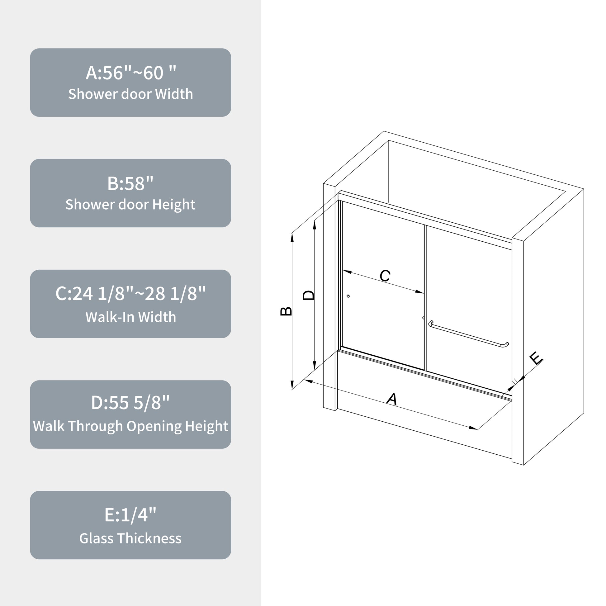 Bathtub Bypass Shower Door, Sliding Door, With 1 4" Tempered Glass And Chrome Finish 6058 Chrome Bathroom Aluminium Alloy