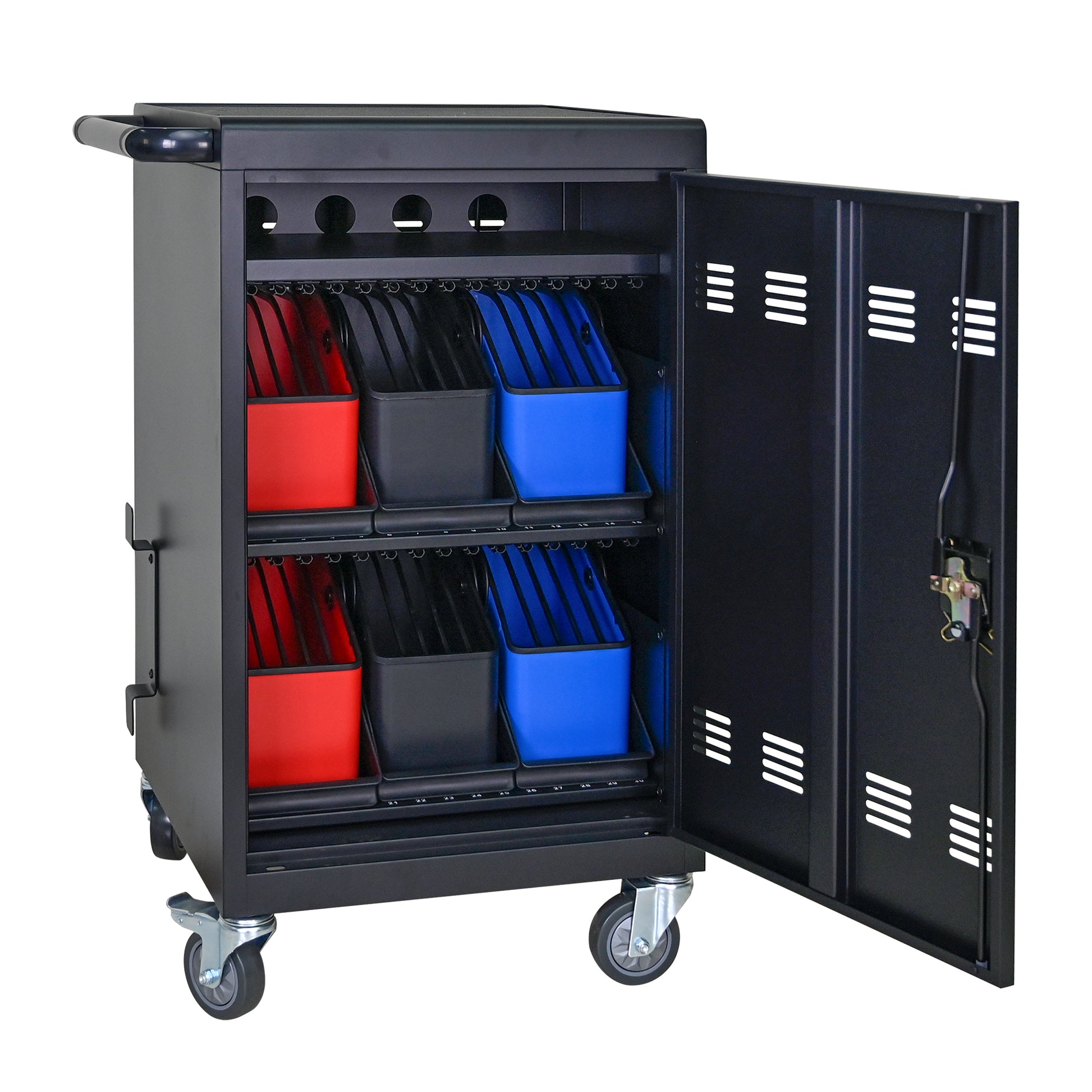 Tablet Laptop 32 Bit Plastic Device Basket Device For Mobile Charging Trolley Includes Cable Management Dividers, Cable Clips, Storage Compartment, And Removable Doors Black Matt Black Steel Metal