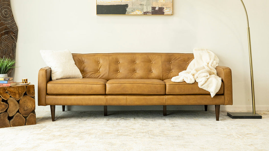 Braxton Tan Leather Sofa Brown,Tan Brown Genuine Leather Wood Primary Living Space Tufted Back Mid Century Modern Foam Genuine Leather,Solid Wood 3 Seat