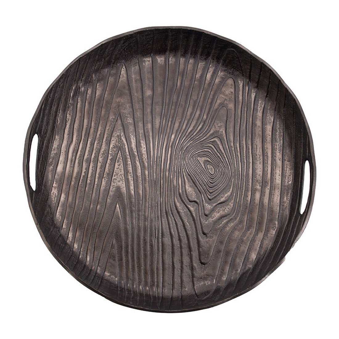 18 Inch Aluminum Decorative Tray, Cut Out Handles, Wood Grain Texturing Bronze Aluminum