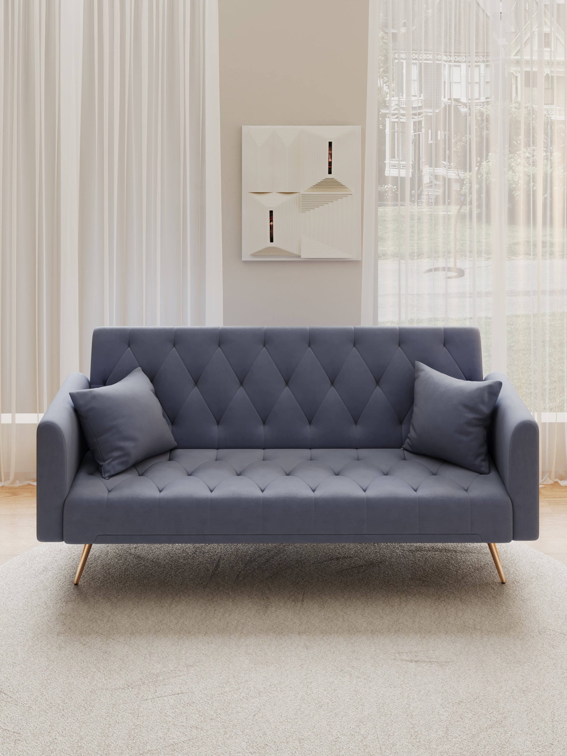 71 Inch Convertibleseat Sofa, American Vintage Grey Velvet Material, Suitable For Small Living Room, Bedroom, Office Gray Velvet 2 Seat