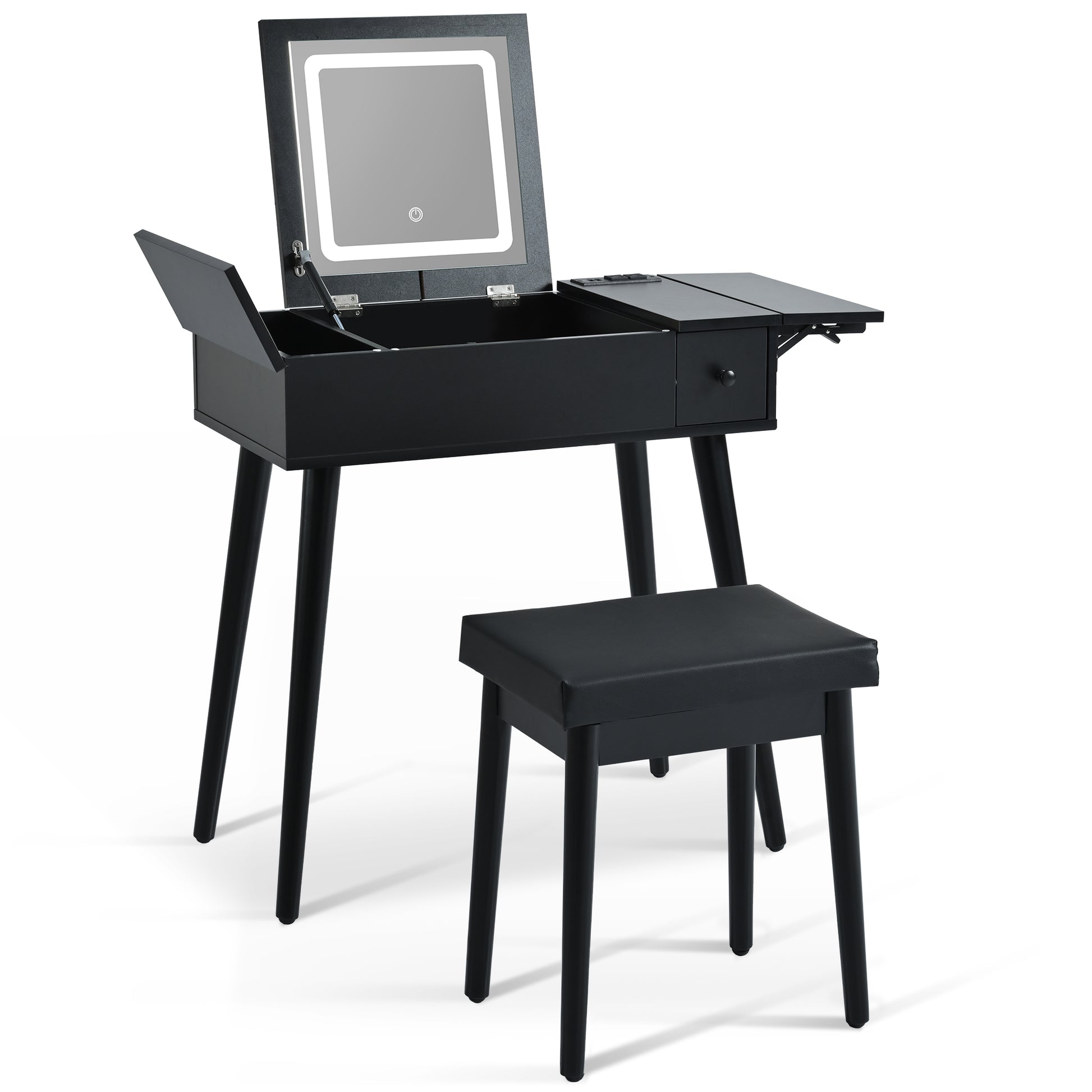 27.9'' Black Makeup Vanity Desk With Flip Top Mirror And Led Light, Dressing Table With Charging Station, 2 Drawers And Fold Up Panel, Vanity Set With Cushioned Stool For Bedroom Black