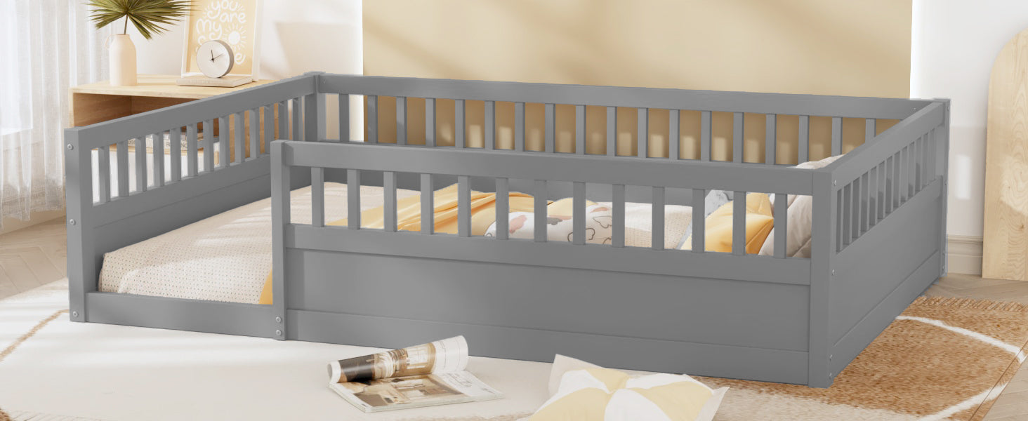 Full Floor Bed Frame With Fence, Wood Kids Floor Beds Frame For Bedroom Playroom,Gray Expect Arrive Date Jul. 10Th Full Grey Pine