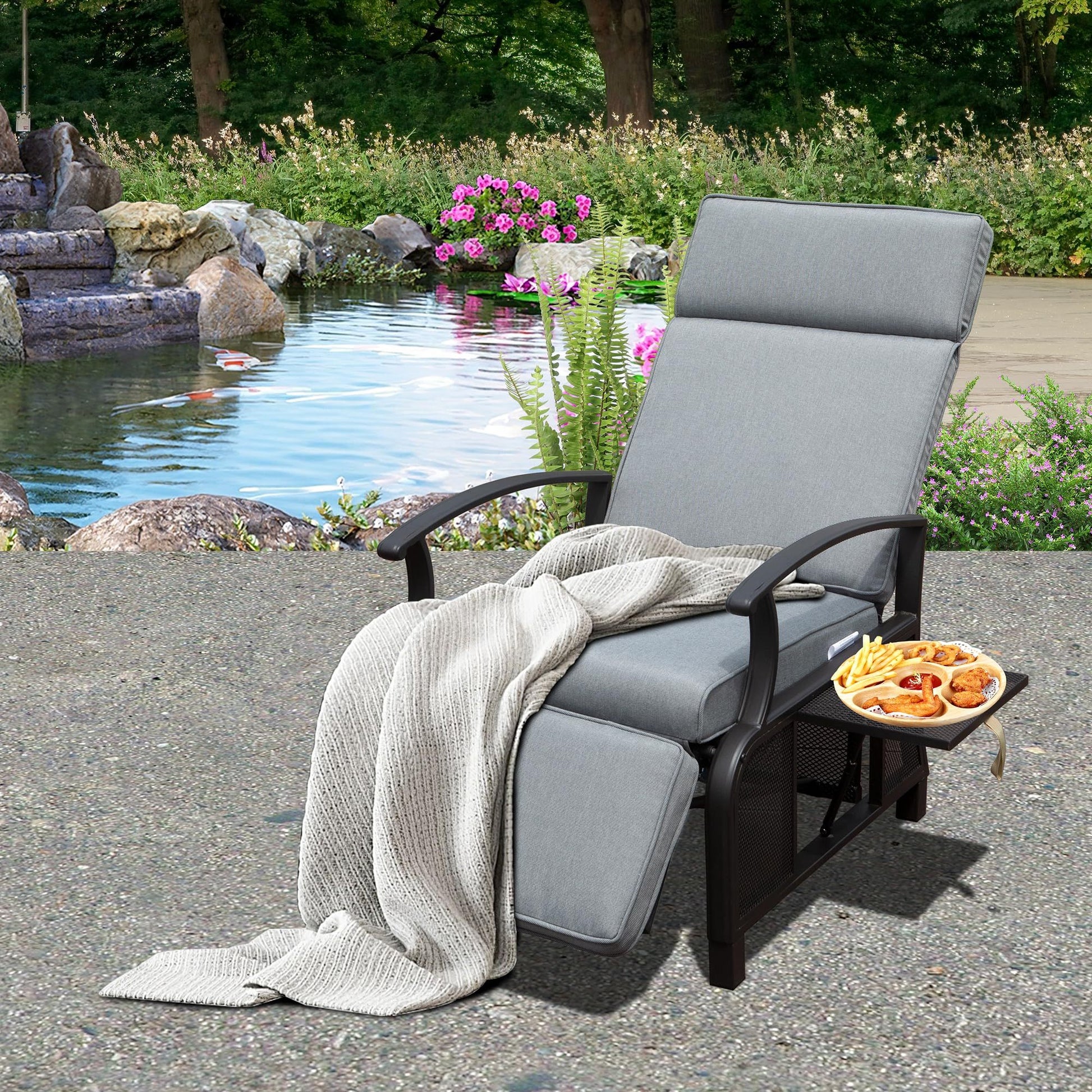 Adjustable Patio Recliner Chair Metal Outdoor Lounge Chair With Flip Table Push Back, Adjustable Angle, 6.8'' Removable Cushions, Support 350Lbs,Gray Yes Gray Garden & Outdoor Metal
