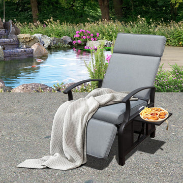 Adjustable Patio Recliner Chair Metal Outdoor Lounge Chair With Flip Table Push Back, Adjustable Angle, 6.8'' Removable Cushions, Support 350Lbs,Gray Yes Gray Garden & Outdoor Metal