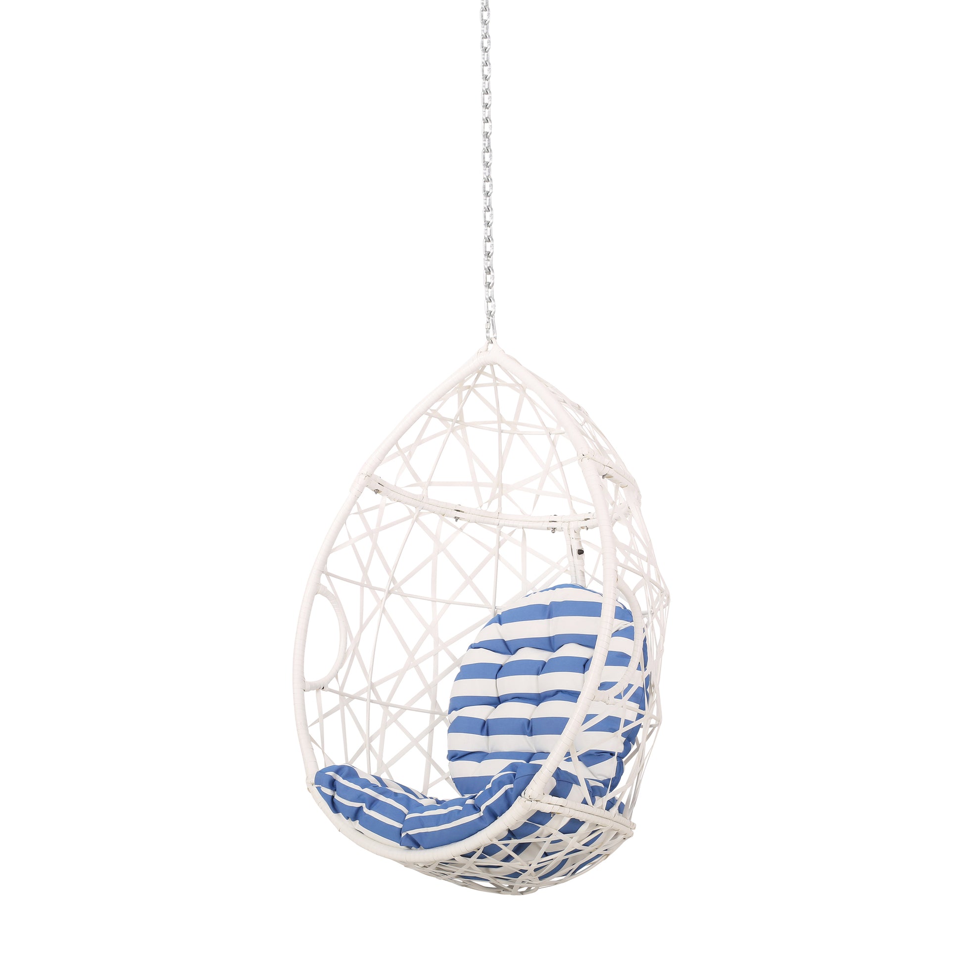Los Alamitos Hanging Chair With 8Ft Chain White Blue Pe Rattan Iron Waterproof Fabric