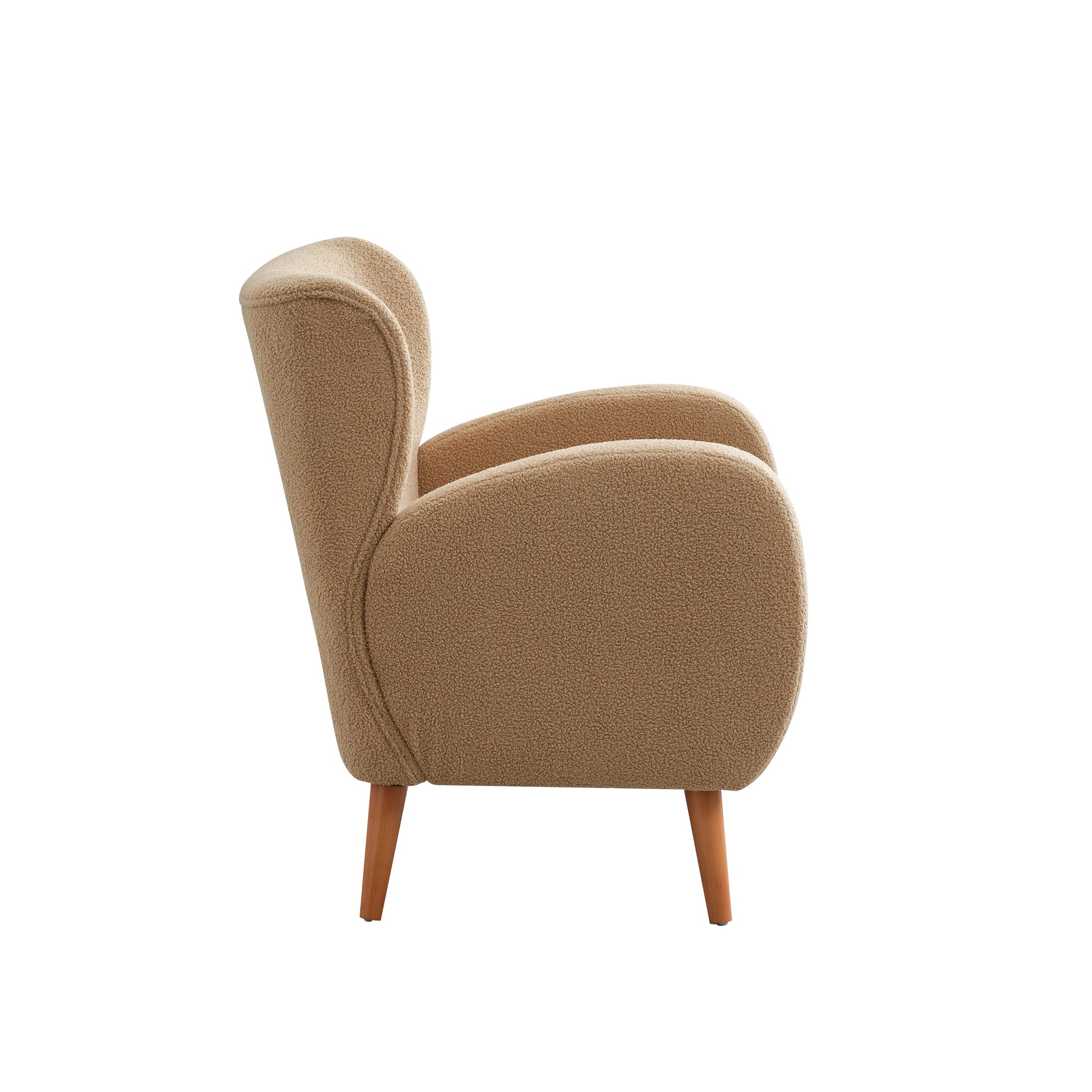 Modern Wingback Lounge Chair Stylish Design, Soft Fabric, Solid Wood Legs, Durable Frame,Brown Camel Boucle