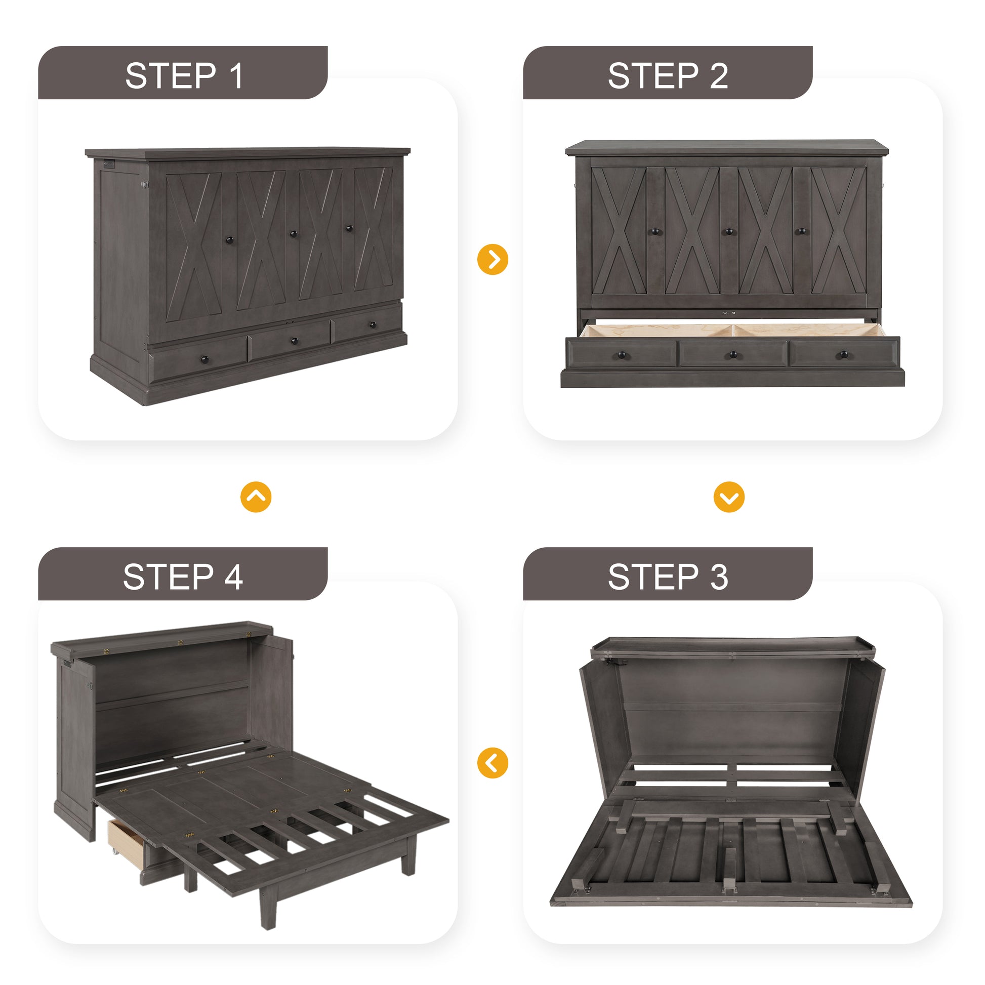 Solid Pine Murphy Bed Chest Cube Cabinet Bed With Charging Station And Large Storage Drawer For Home Office Or Small Room,Full,Gray Box Spring Not Required Full Gray Wood Gray Pine Murphy Solid Wood Mdf