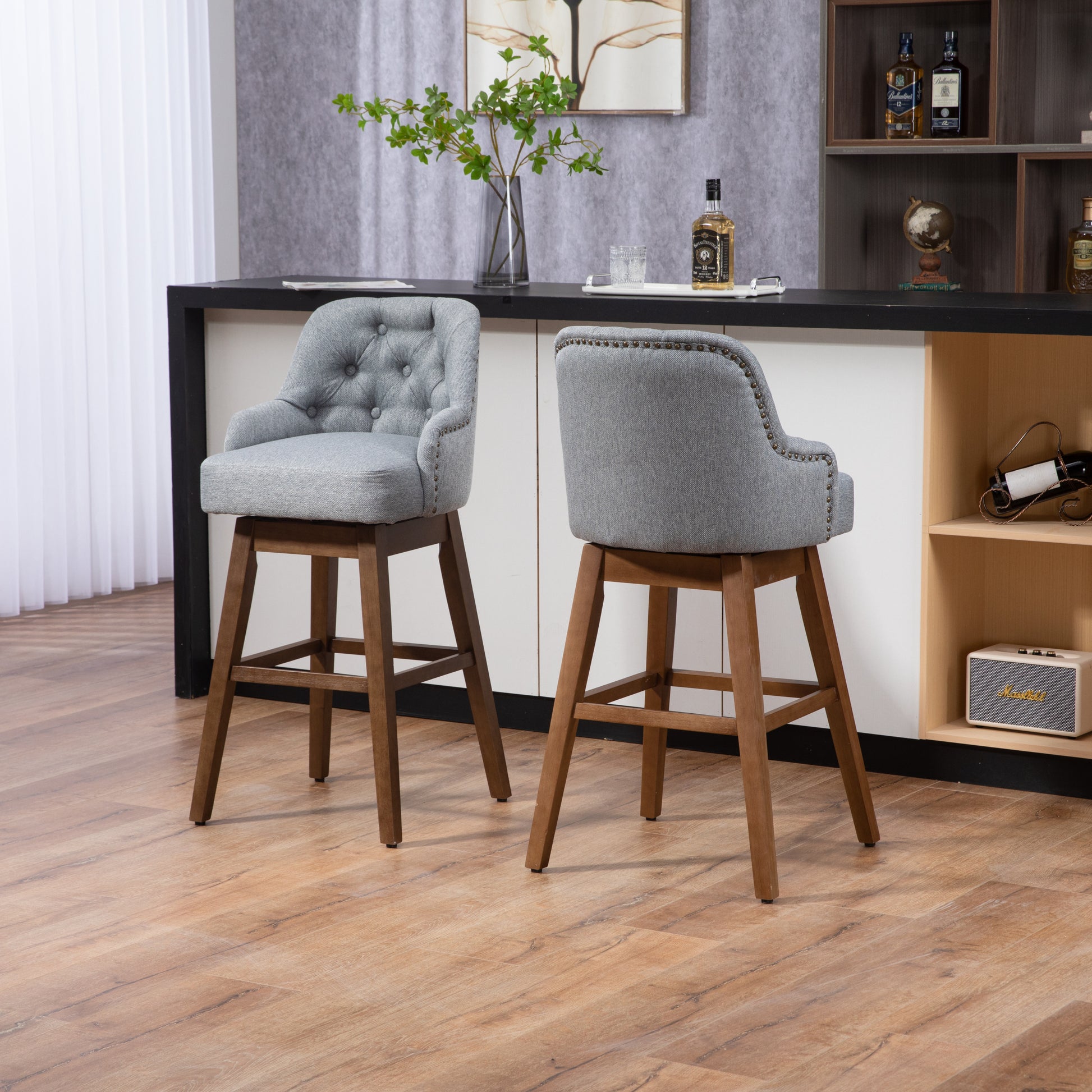 Coolmore Bar Stools Set Of 2 Counter Height Chairs With Footrest For Kitchen, Dining Room And 360 Degree Solid Wood Legs Swivel Bar Stools Set Of 2 Gray Linen Gray Foam Linen