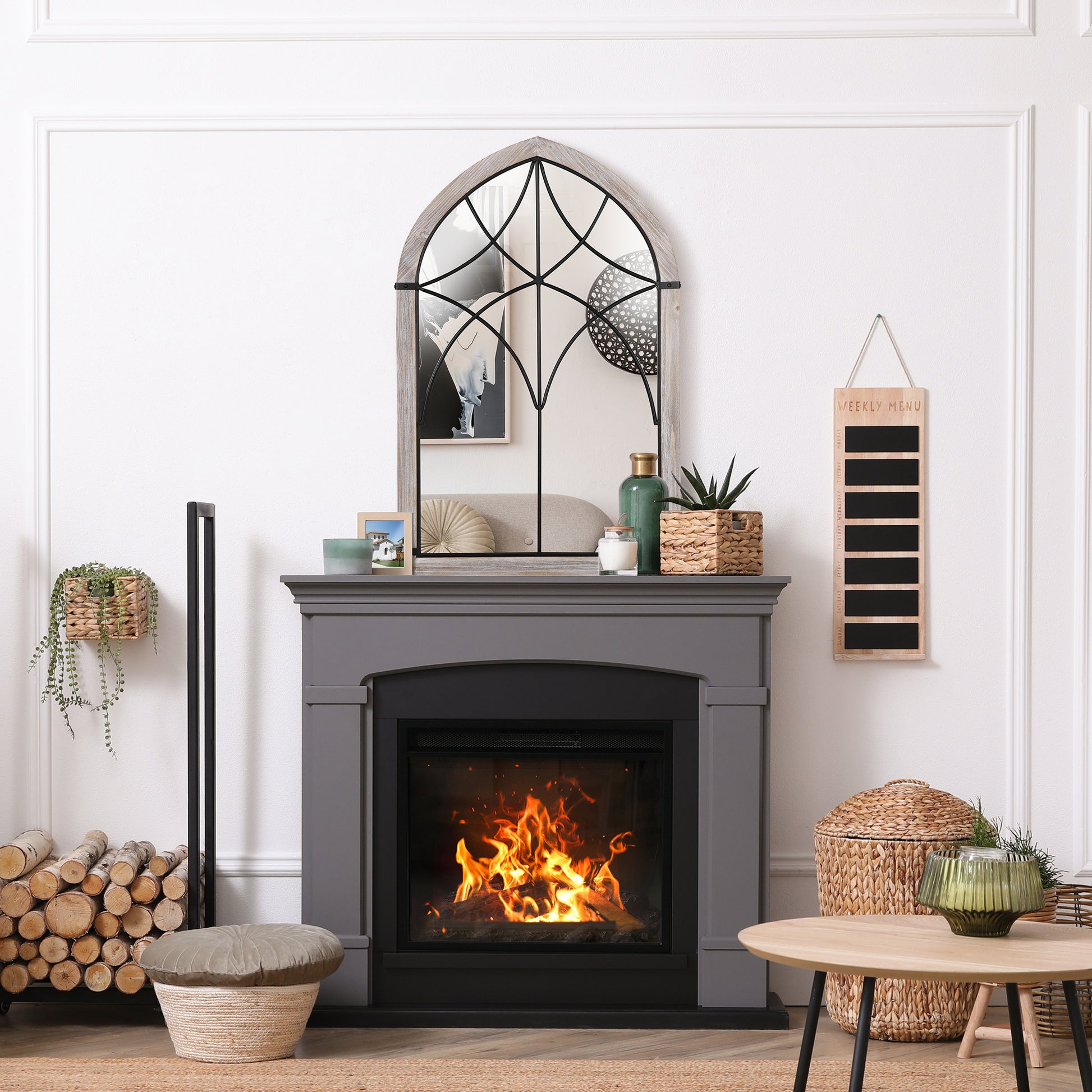 Homcom 36.5" X 23.5" Large Farmhouse Wall Mirror, Arch Window Mirror For Wall Decor In Living Room, Bedroom, Entryway, Rustic Wood Grain Multicolor Mdf