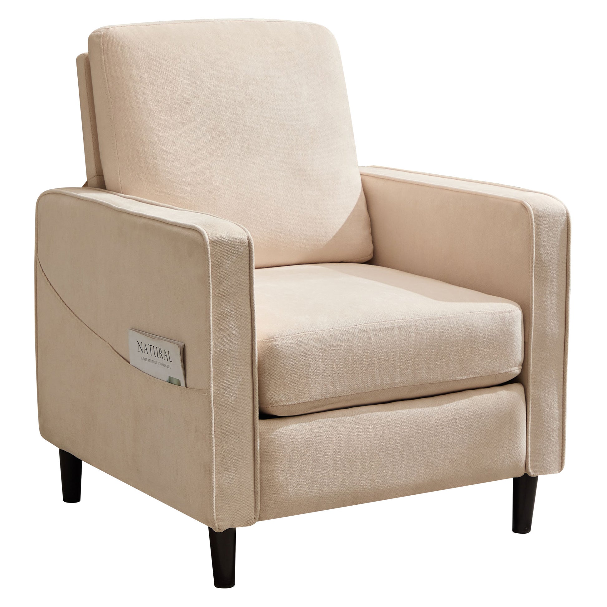 Mid Century Accent Chair ,Modern Linen Fabric Armchair For Living Room,Double Side Pockets, Comfortable And Padded Reading Feature Sofa Chair, Suitable For Bedrooms, Living Rooms, And Offices,Beige Beige Linen