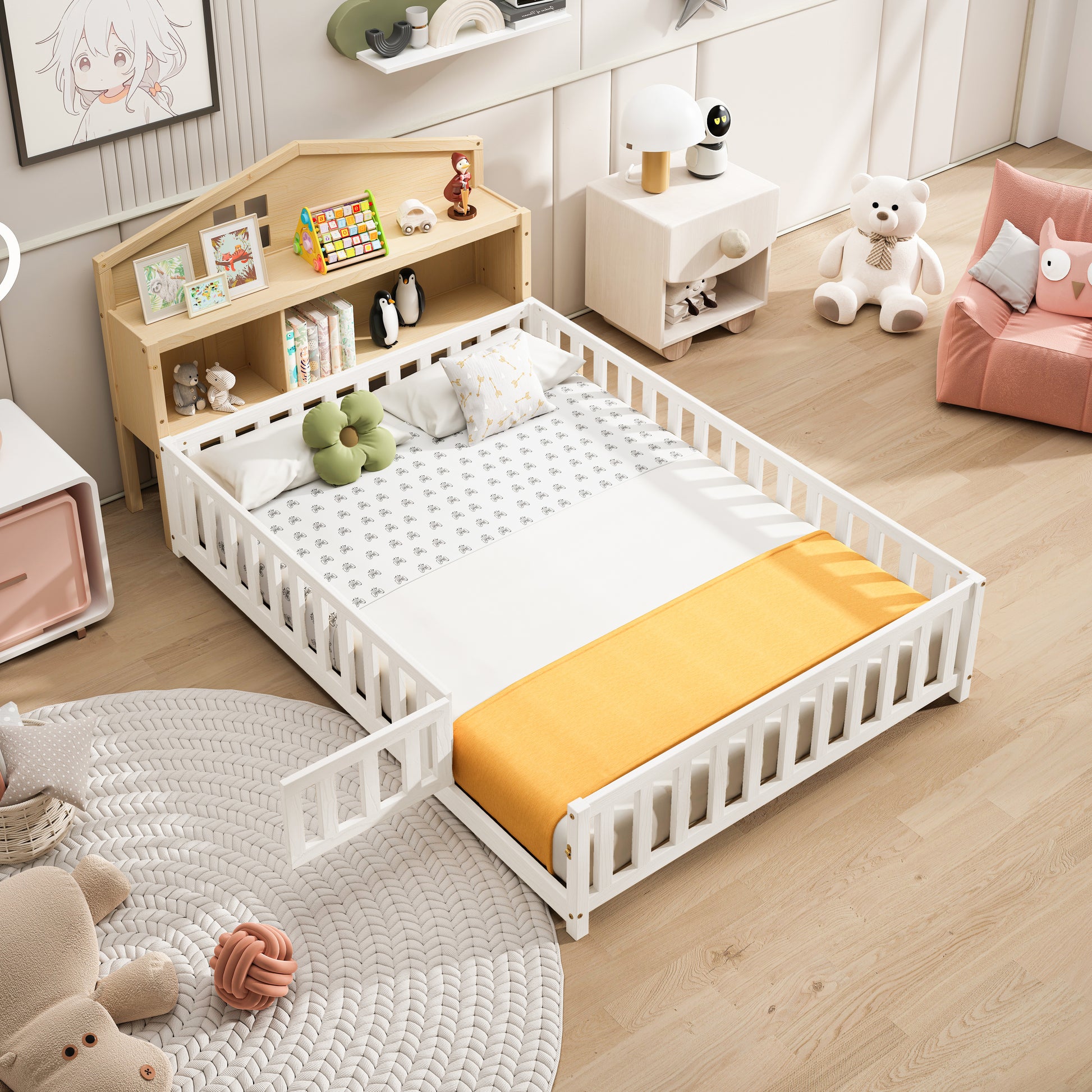 Headboard Storage Cabinet For Full Size Montessori Floor Bed Natural,Freely Collocation Natural Mdf
