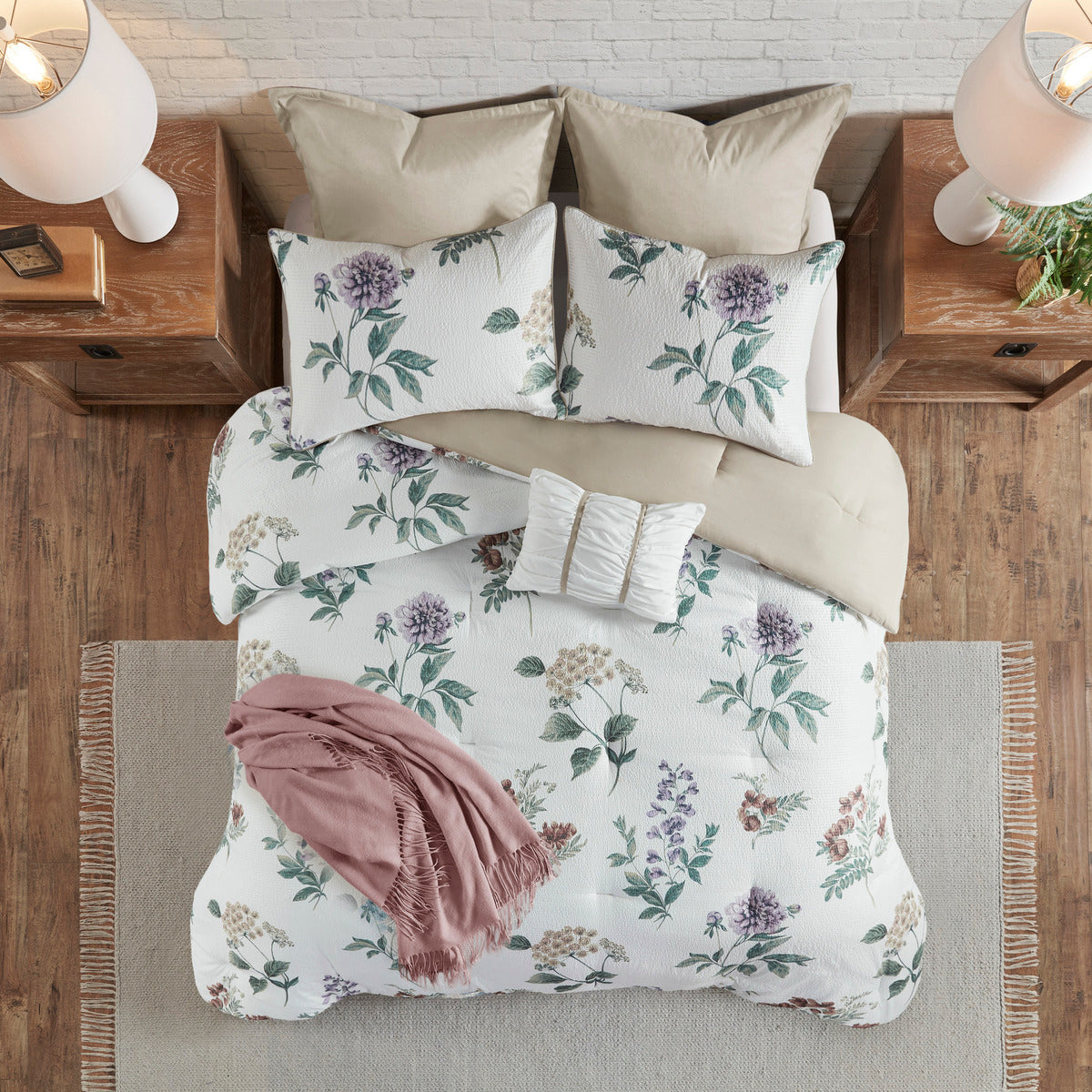 7 Piece Printed Seersucker Comforter Set With Throw Blanket Taupe Blush King Cal King Multicolor Polyester
