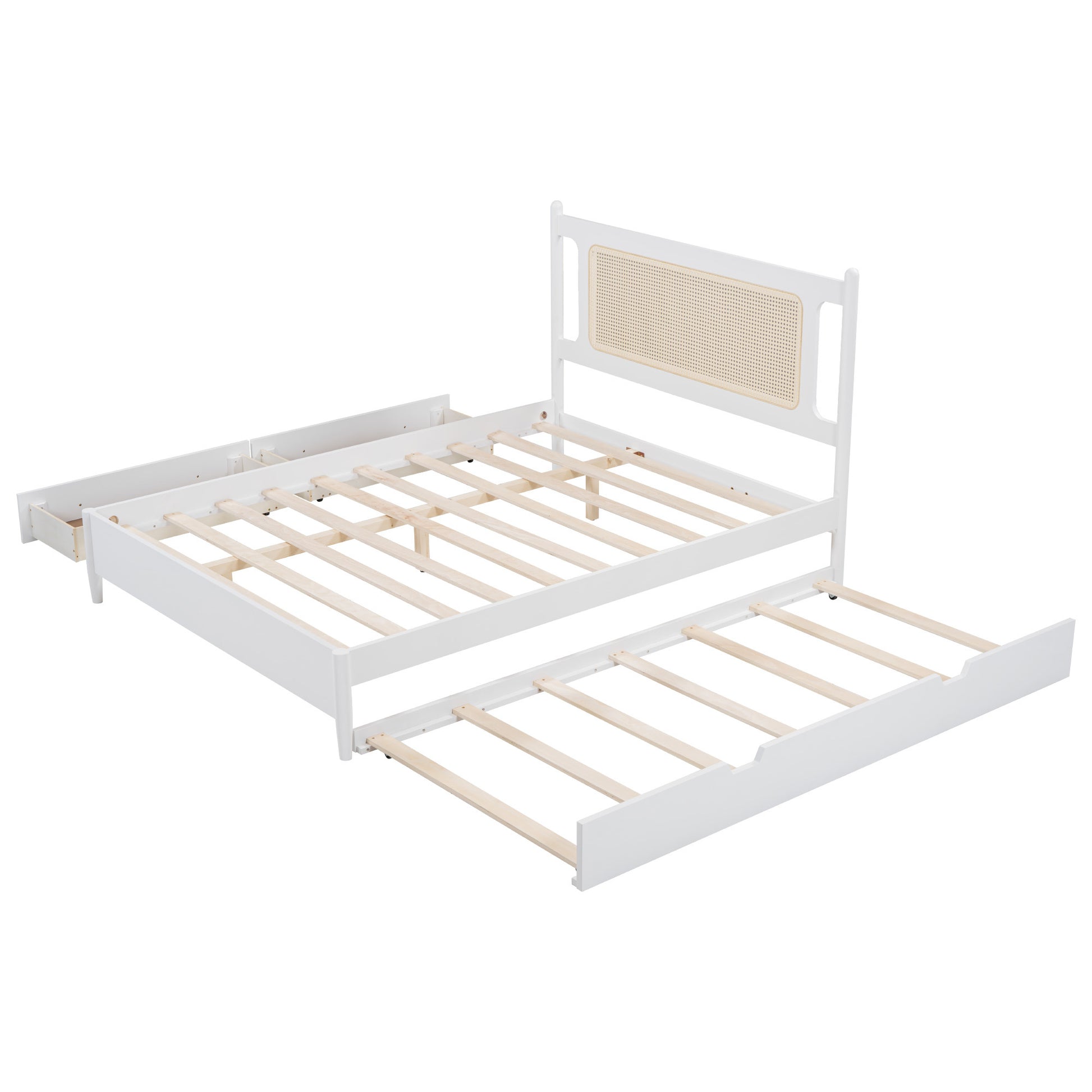Queen Size Wooden Rattan Platform Bed, With 2 Big Drawers, T Size Trundle, White Queen White Plywood