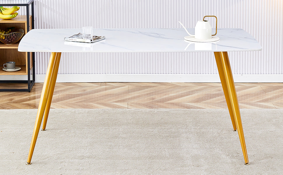 Modern Minimalist Dining Table. White Imitation Marble Pattern Sintered Stone Desktop With Golden Metal Legs.62"*34.6"*29.9" F 001 Gold Sintered Stone