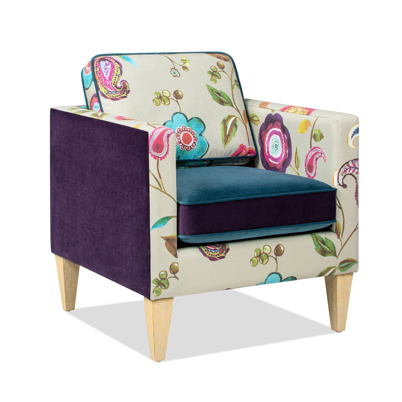 Mamba 28" Patchwork Accent Chair, Teal Blue Purple Velvet & Multicolored Floral Purple Foam Velvet