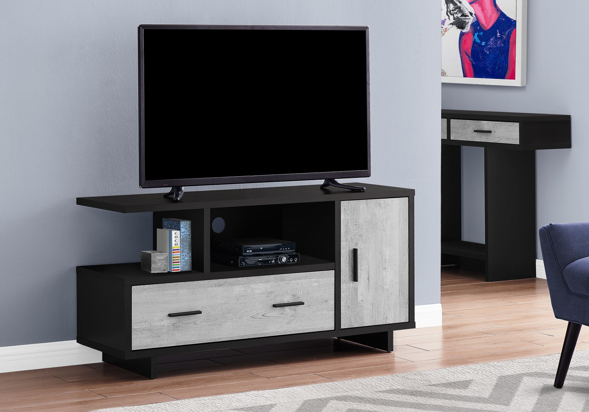 Tv Stand, 48 Inch, Console, Media Entertainment Center, Storage Cabinet, Drawers, Living Room, Bedroom, Black And Grey Laminate, Contemporary, Modern Black 80 89 Inches Particle Board