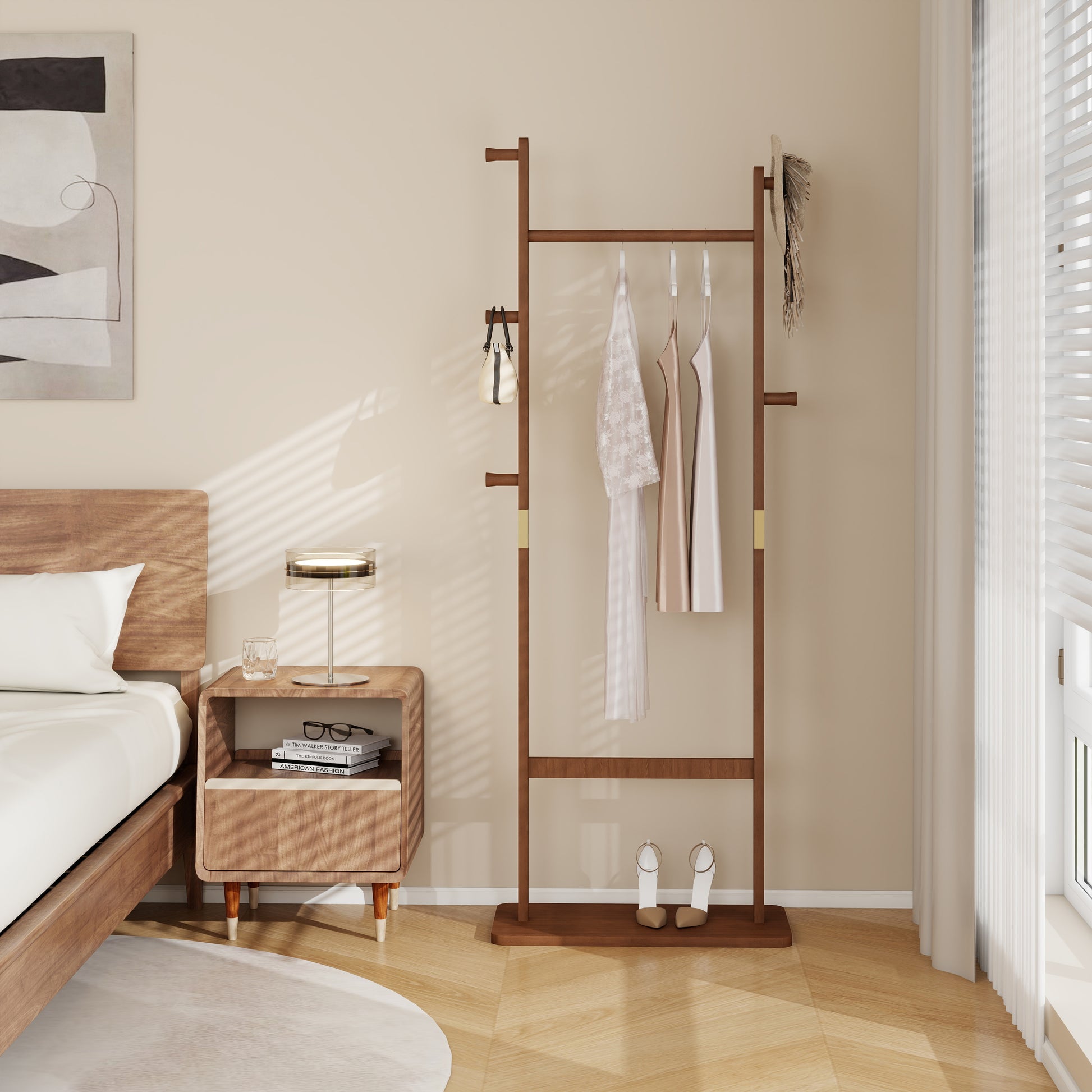 Coat Racks Solid Wood Hanger 23.6* 11*64.1In Solid Environmental Protection Easy To Assemble Beautiful Can Be Placed In The Bedroom Entrance Living Room Walnut Walnut Brown American Design,Art