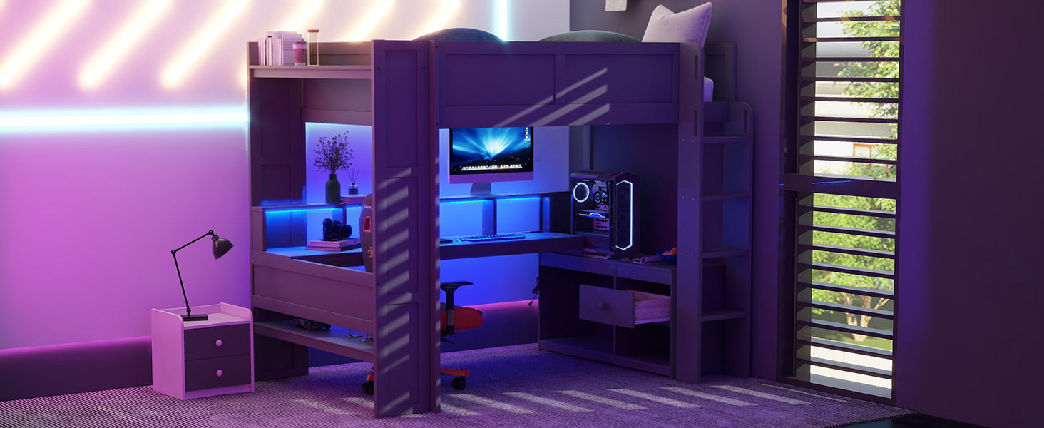 Wood Full Size Gaming Loft Bed With Desk, Multi Storage Shelves, Led And Charging Station, Dark Gray Box Spring Not Required Full Dark Gray Wood Bedroom Bed Frame Solid Wood Mdf
