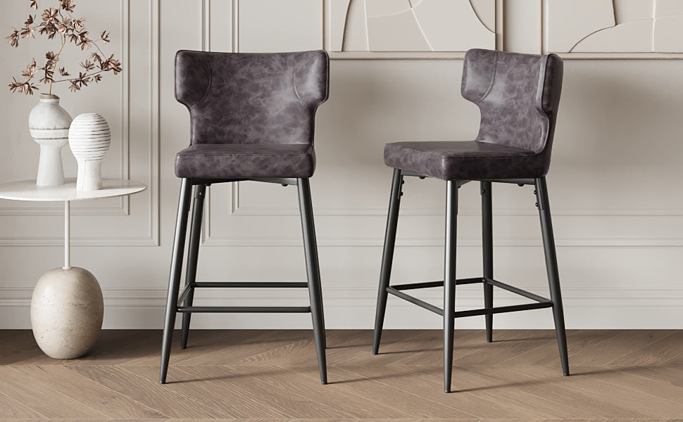 28Inch Counter Height Bar Stools Set Of 2, Modern Bar Upholstered Chairs With Pu Leather, Metal Footrest And Frame For Kitchen Island, Bar Table, Dining Room, Gray Solid Kitchen Solid Back Set Of 2