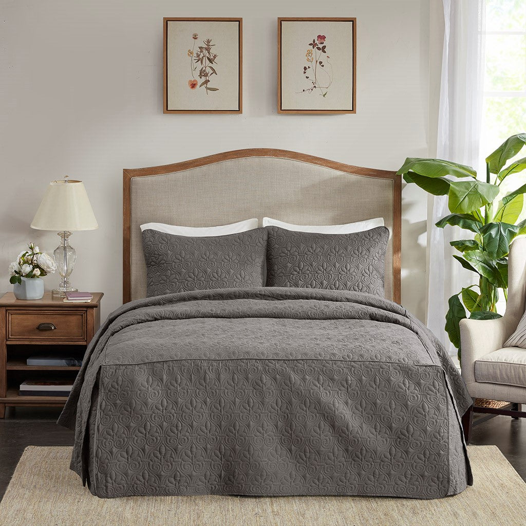 3 Piece Split Corner Pleated Quilted Bedspread Dark Grey Queen Dark Grey Polyester