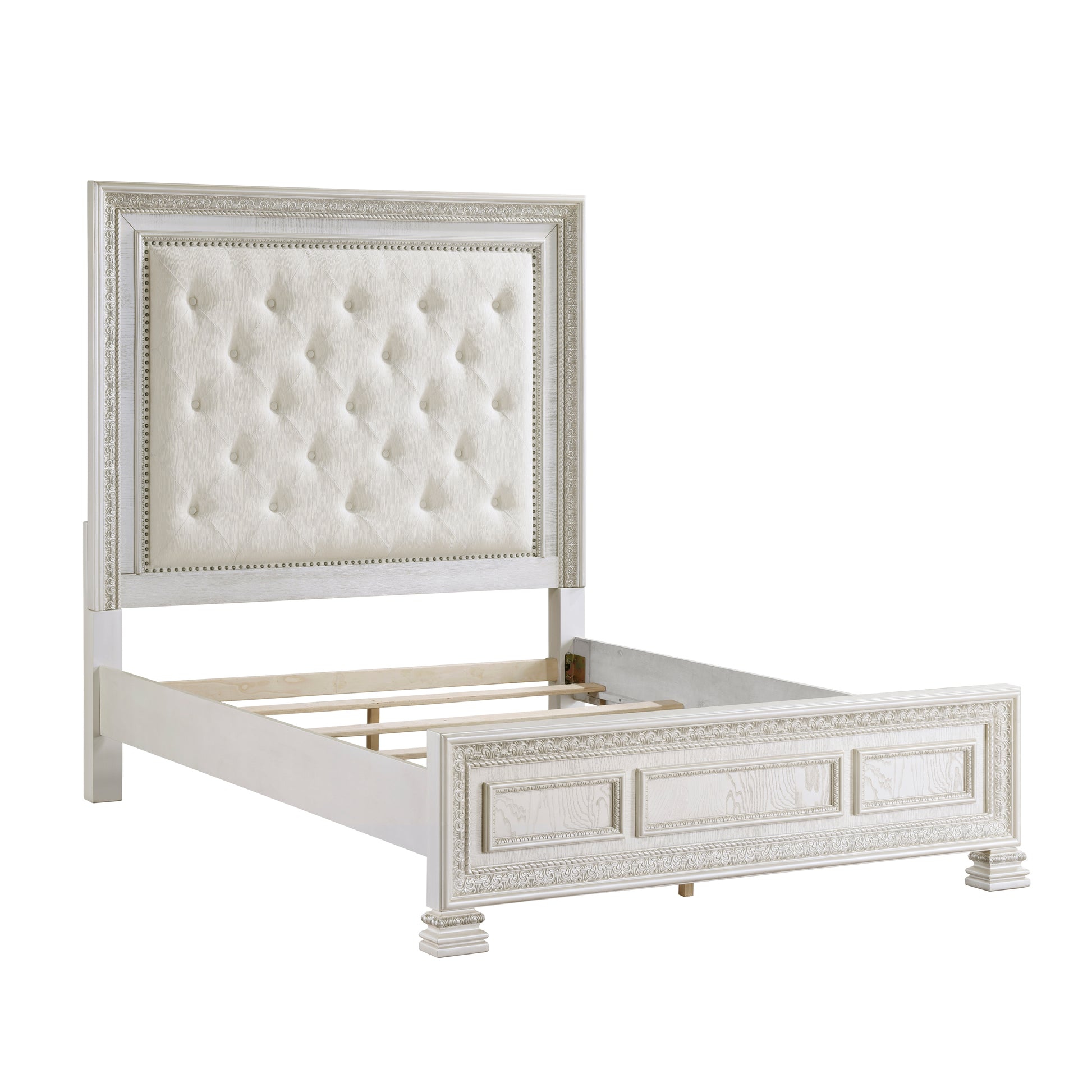 Classic Luxury Pearl White Finish King Bed Button Tufted Upholstered Headboard Bedroom Furniture 1Pc, Dart Molding Design Panels Box Spring Required King White Wood Bedroom Bed Frame Polyester Wood