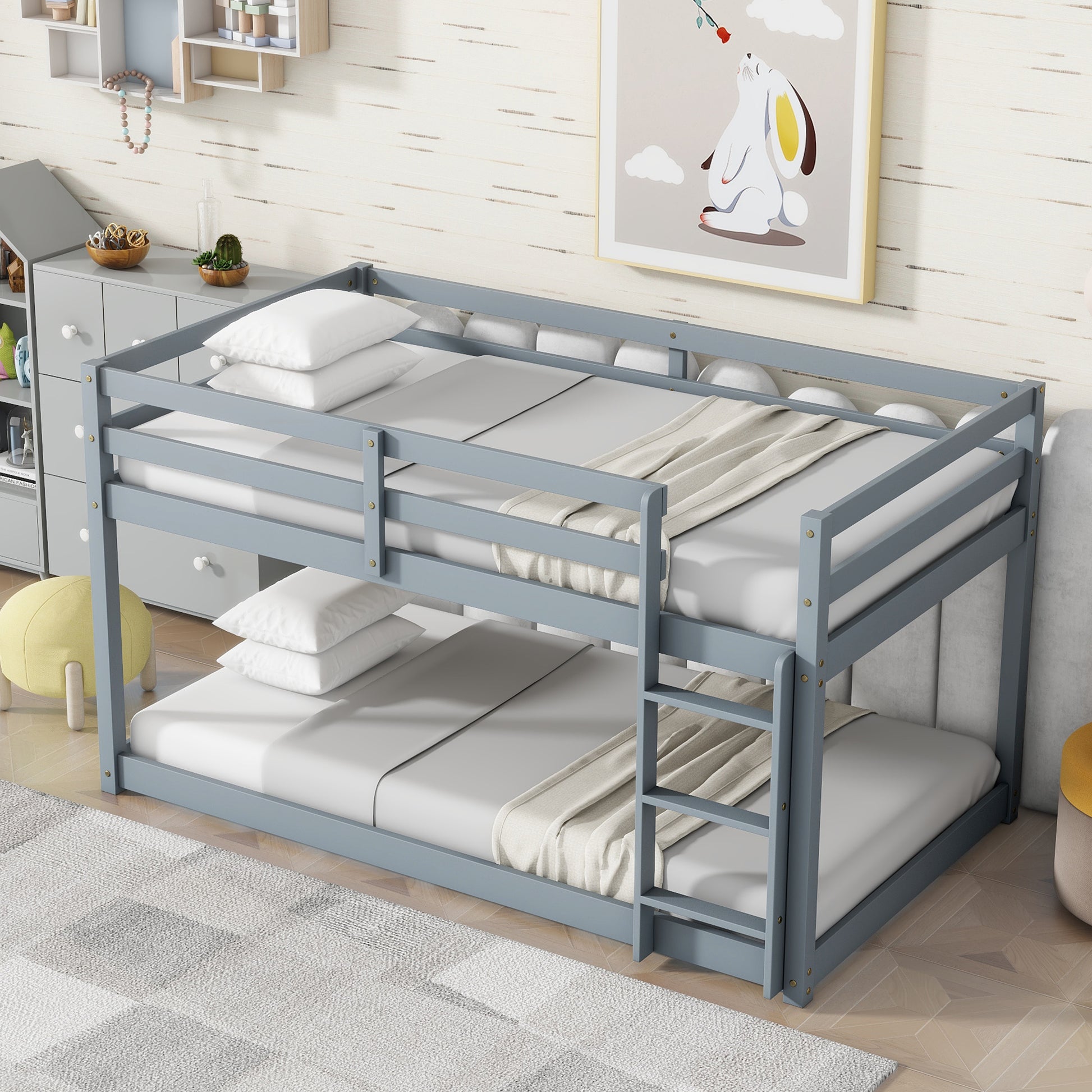 Solid Woodensolid Rubber Wooden Twin Over Twin Loft Bed With Ladder ,Upper And Bottom Bed Platforms Crafted With Strengthened Slats ,Grey Twin Grey Rubber Wood