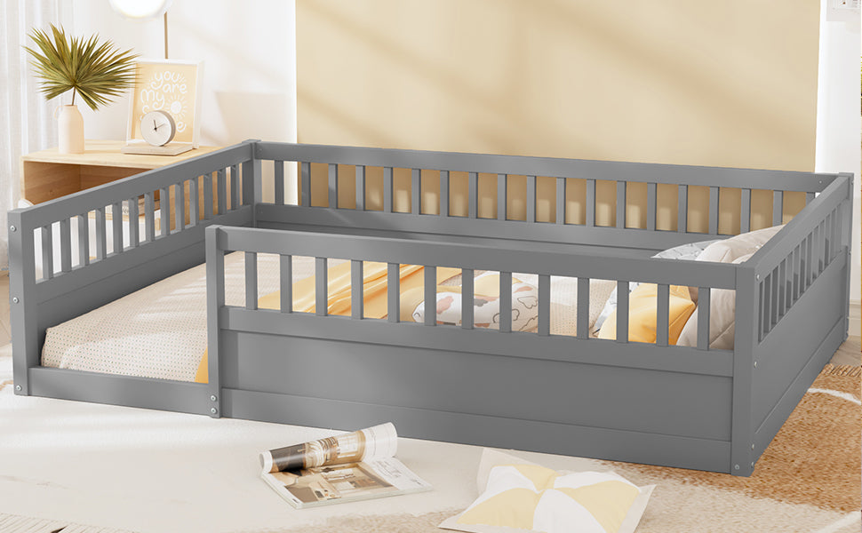 Full Floor Bed Frame With Fence, Wood Kids Floor Beds Frame For Bedroom Playroom,Gray Expect Arrive Date Jul. 10Th Full Grey Pine