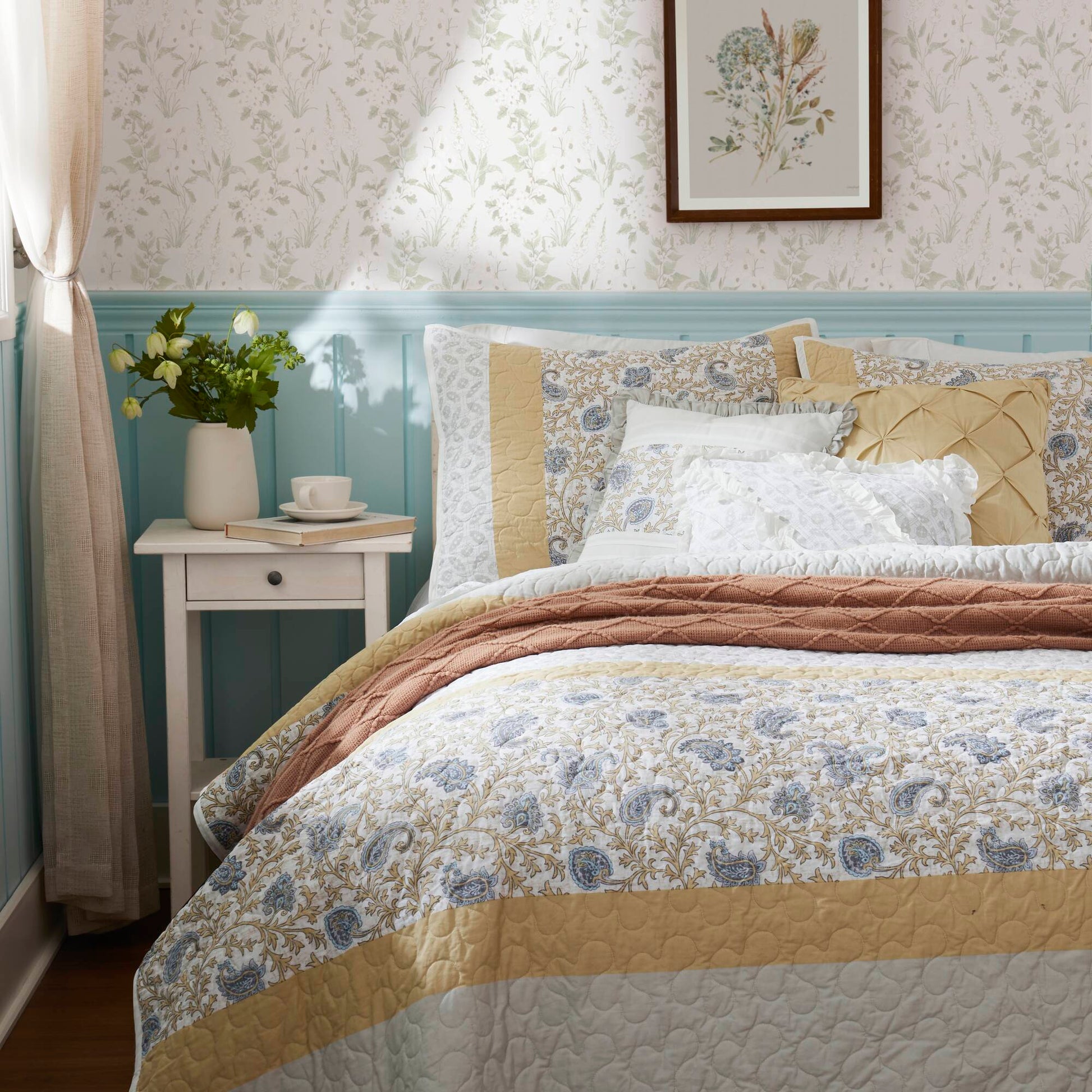 6 Piece Cotton Percale Quilt Set With Throw Pillows Yellow Full Queen Full Yellow Polyester
