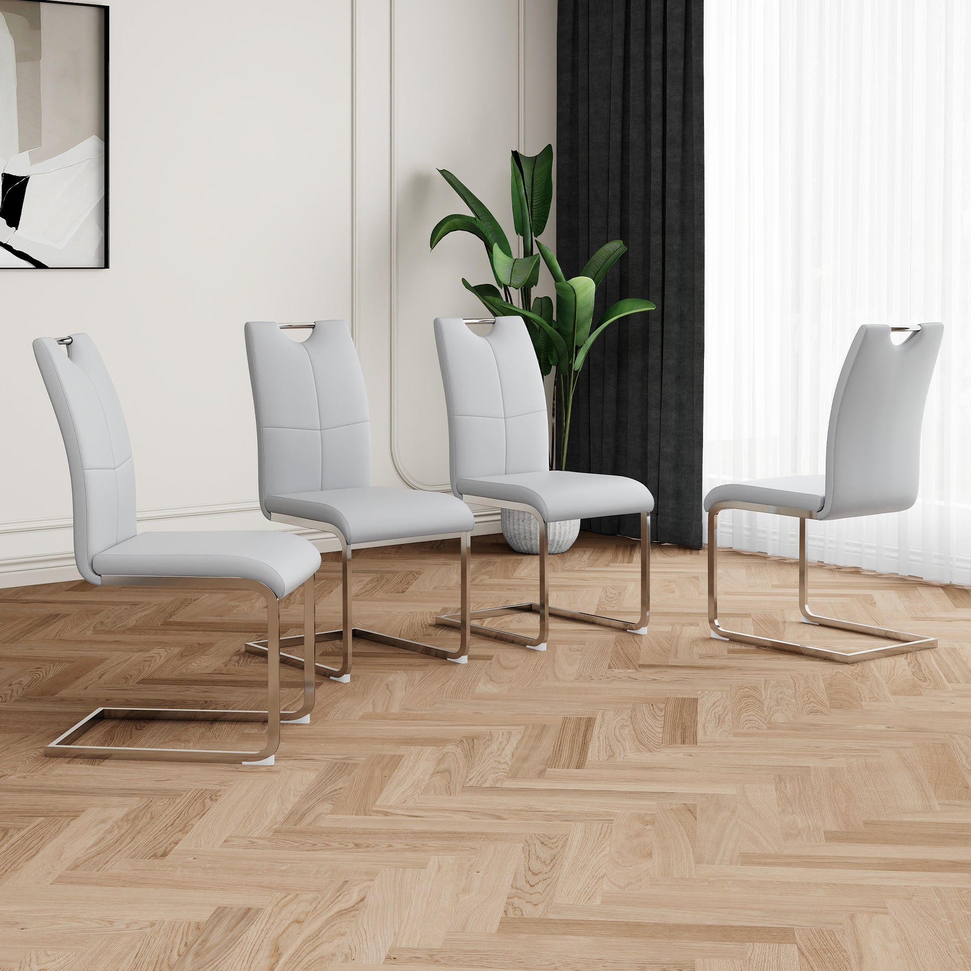 Modern Dining Chairs With Faux Leather Padded Seat Dining Living Room Chairs Upholstered Chair With Chrome Metal Legs Design For Kitchen, Living, Bedroom, Dining Room Side Chairs Set Of 4 Grey Silver Metal