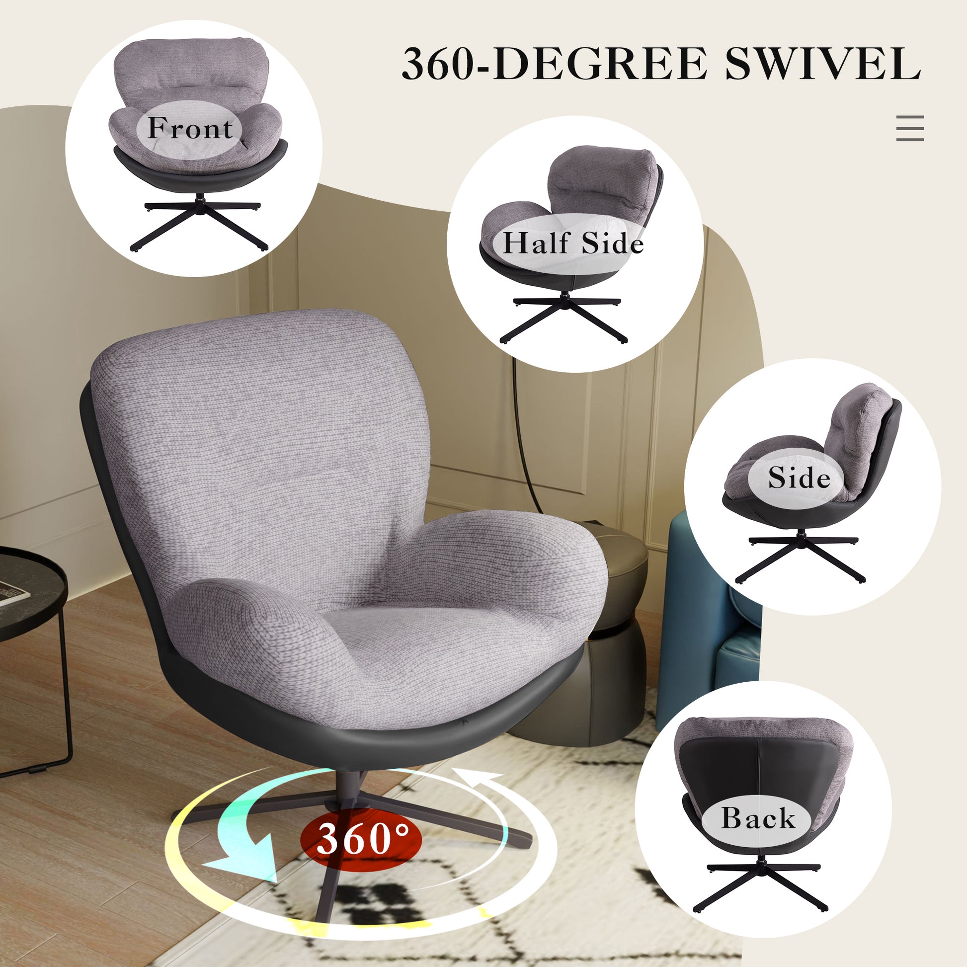 360 Swivel Accent Chair, Modern Chenille Lounge Chair With Faux Leather And Black Metal Base Frame, Comfortable Reading Chair For Small Spaces, Living Room, Bedroom, Reading Corner, Office,Light Gray Black,Light Gray Brown Primary Living Space Art