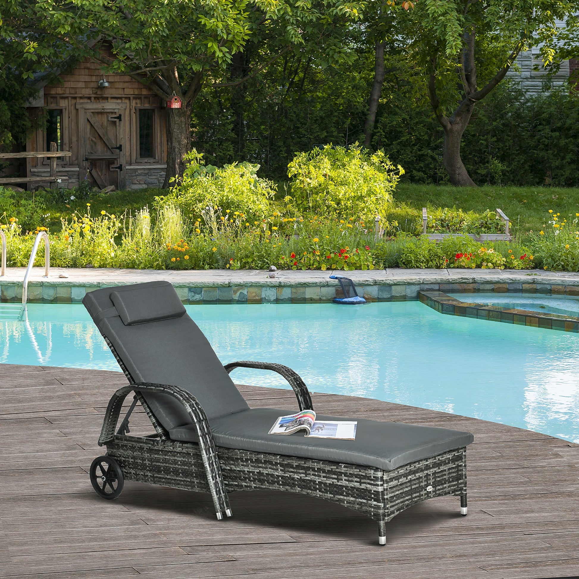 Outsunny Wicker Outdoor Chaise Lounge, 5 Level Adjustable Backrest Pe Rattan Pool Lounge Chair With Wheels, Cushion & Headrest, Mixed Gray And Charcoal Gray Gray Rattan Metal