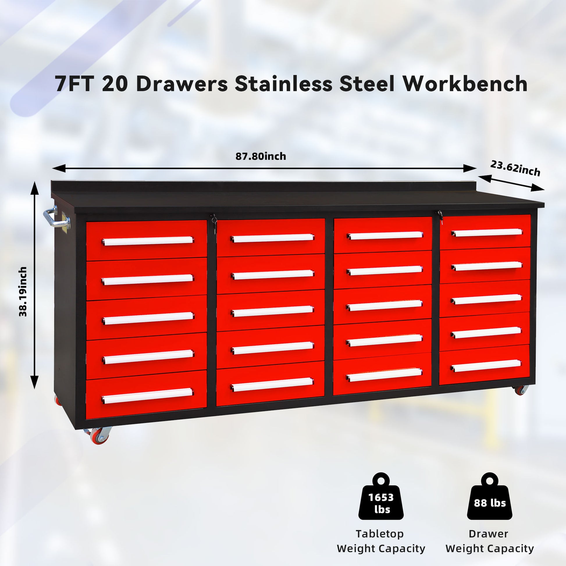 7Ft Garage Storage Cabinets With Workbench 20 Drawers Red Red Steel