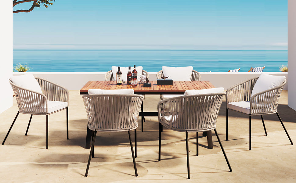 7 Pieces Patio Dining Set, All Weather Outdoor Furniture Set With Dining Table And Chairs, Acacia Wood Tabletop, Metal Frame, For For Garden, Backyard, Balcony, Beige Yes Beige Seats 6 Garden &