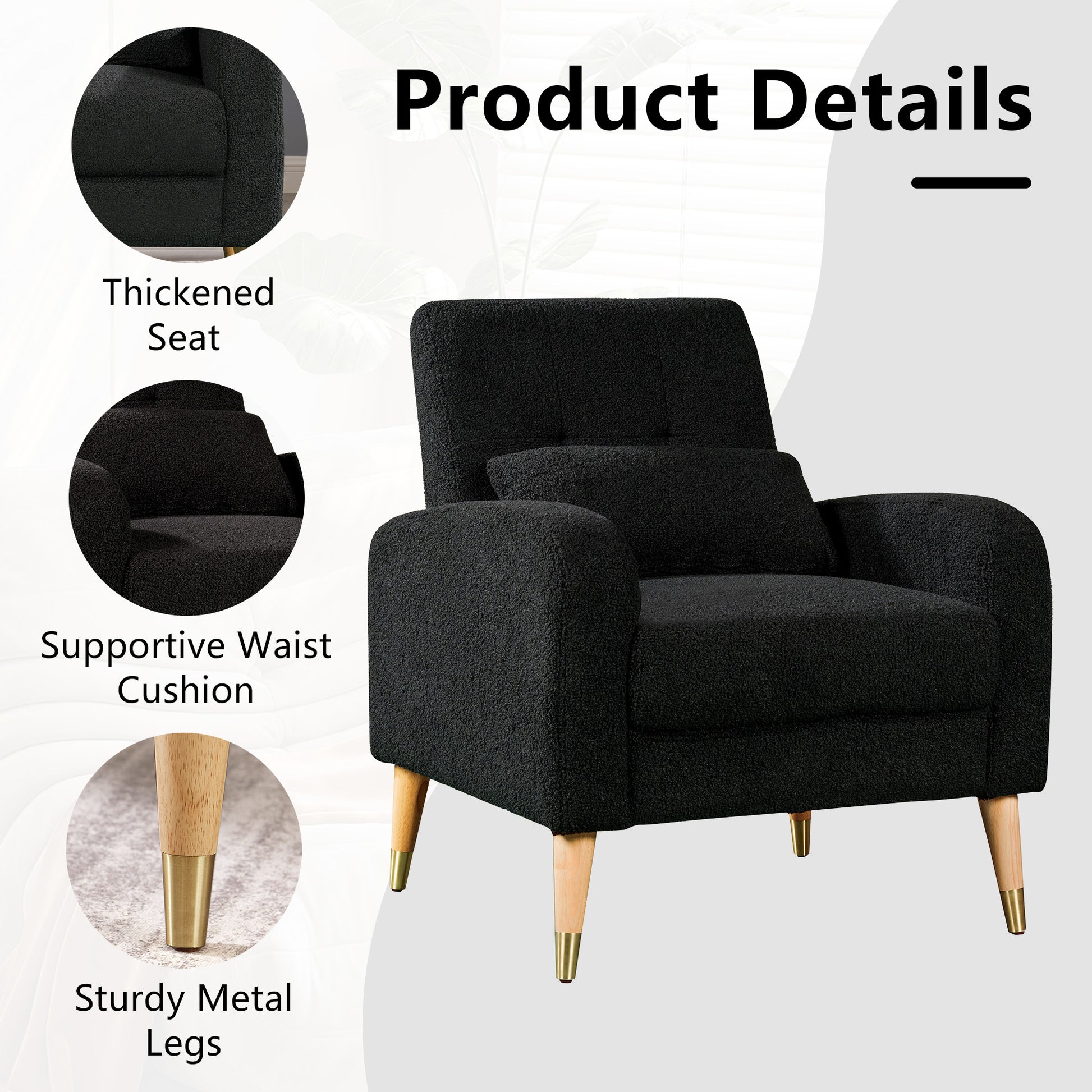 Mid Century Modern Accent Chair, Upholstered Armchair Living Room Chair, Comfy Single Sofa Chair With Metal Legs, Polyester Fabric Chair For Living Room Bedroom Black Sherpa