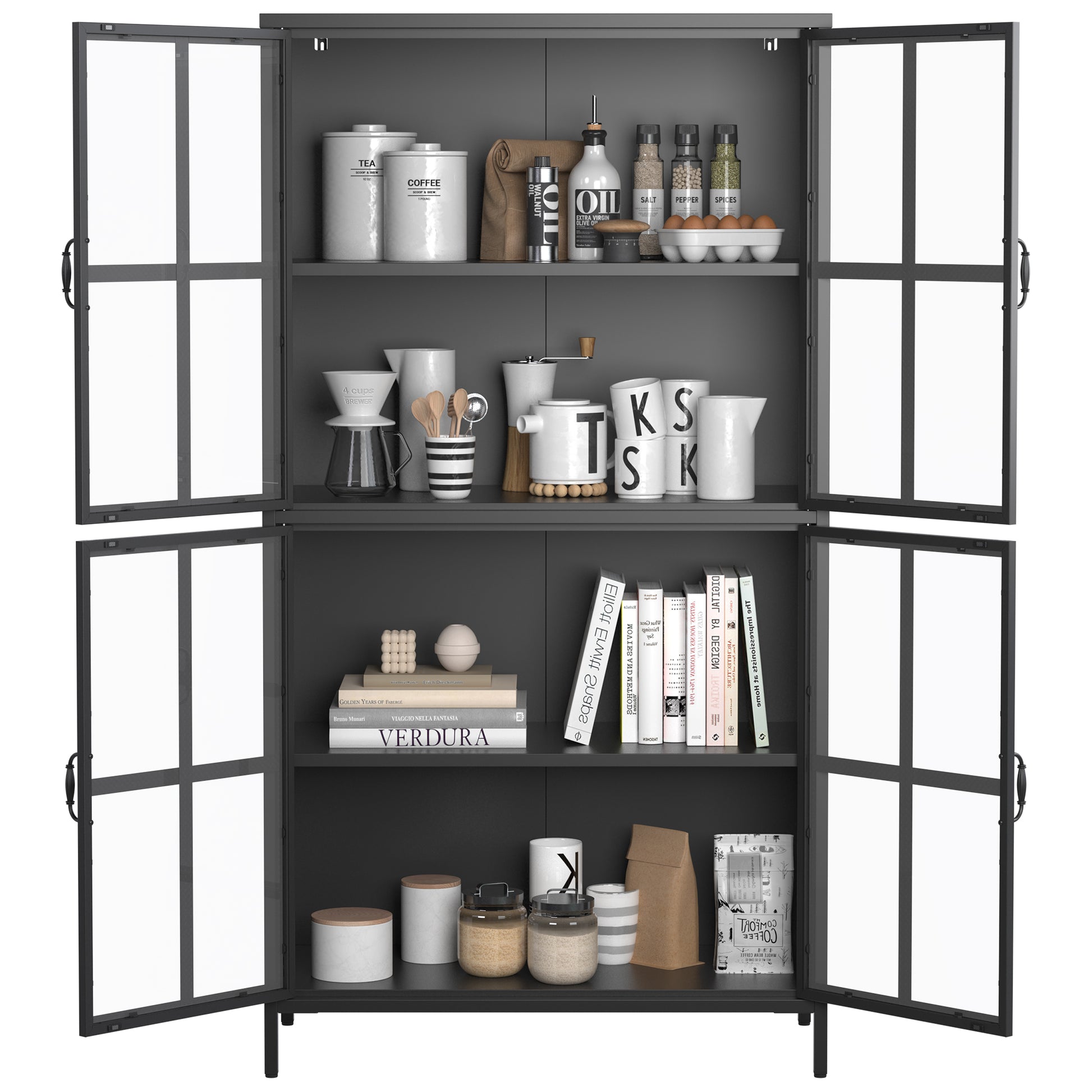Premium Black Metal Storage Cabinet With Tempered Glass Doors, Adjustable Shelves, Anti Tipping Device, Magnetic Silent Closure, And Adjustable Feet For Home And Office Use Accent Chests 3 4 Spaces