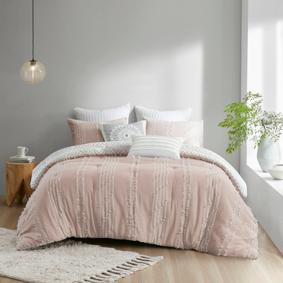 3 Piece Cotton Jacquard Comforter Set Blush Full Queen Queen Blush Cotton